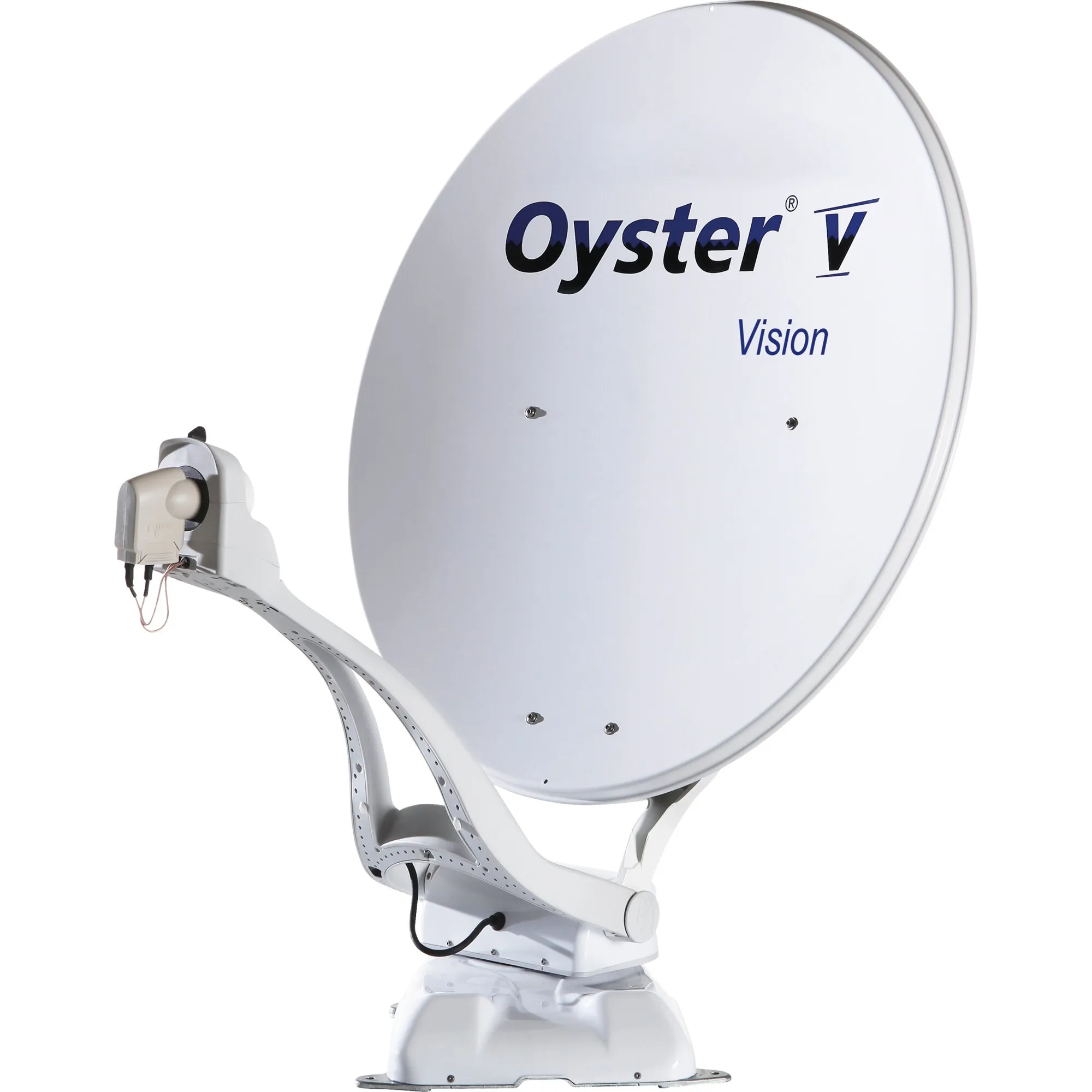 Weiße Oyster V 85 Vision Twin-Satellitenschüssel mit zwei LNB-Anschlüssen und Montagefuß in Frontansicht