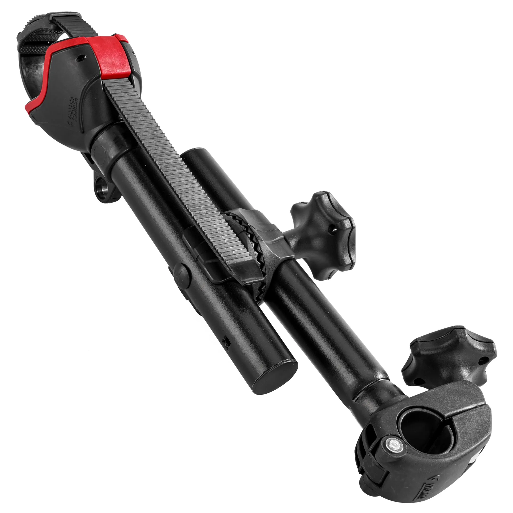 Schwarzer Fahrradhalter Bike-Block Pro S mit roten Klemmelementen, Ratschenriemen und Befestigungsschellen in Detailansicht
