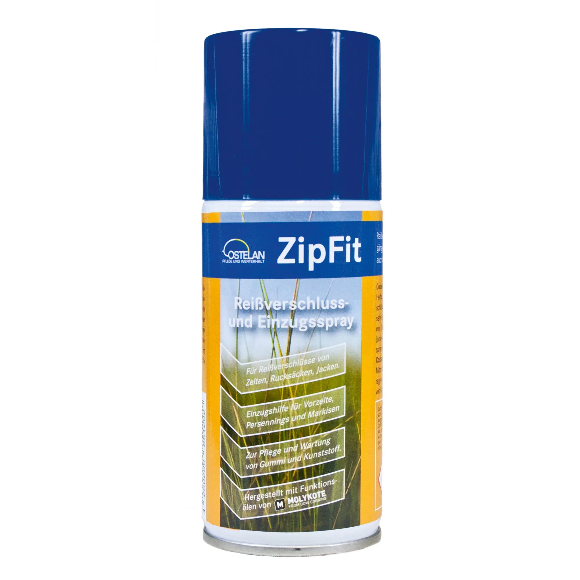 Costelan ZipFit Einzugsspray 150 ml in blau-gelber Sprühdose mit dunkelblauem Verschluss und Etikett für Reißverschlüsse