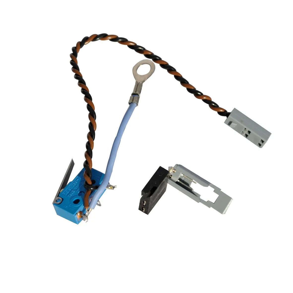 Blauer Mikroschalter mit verdrilltem Kabel, Anschlussstecker, Ringkabelschuh und abnehmbarer Metallhalterung