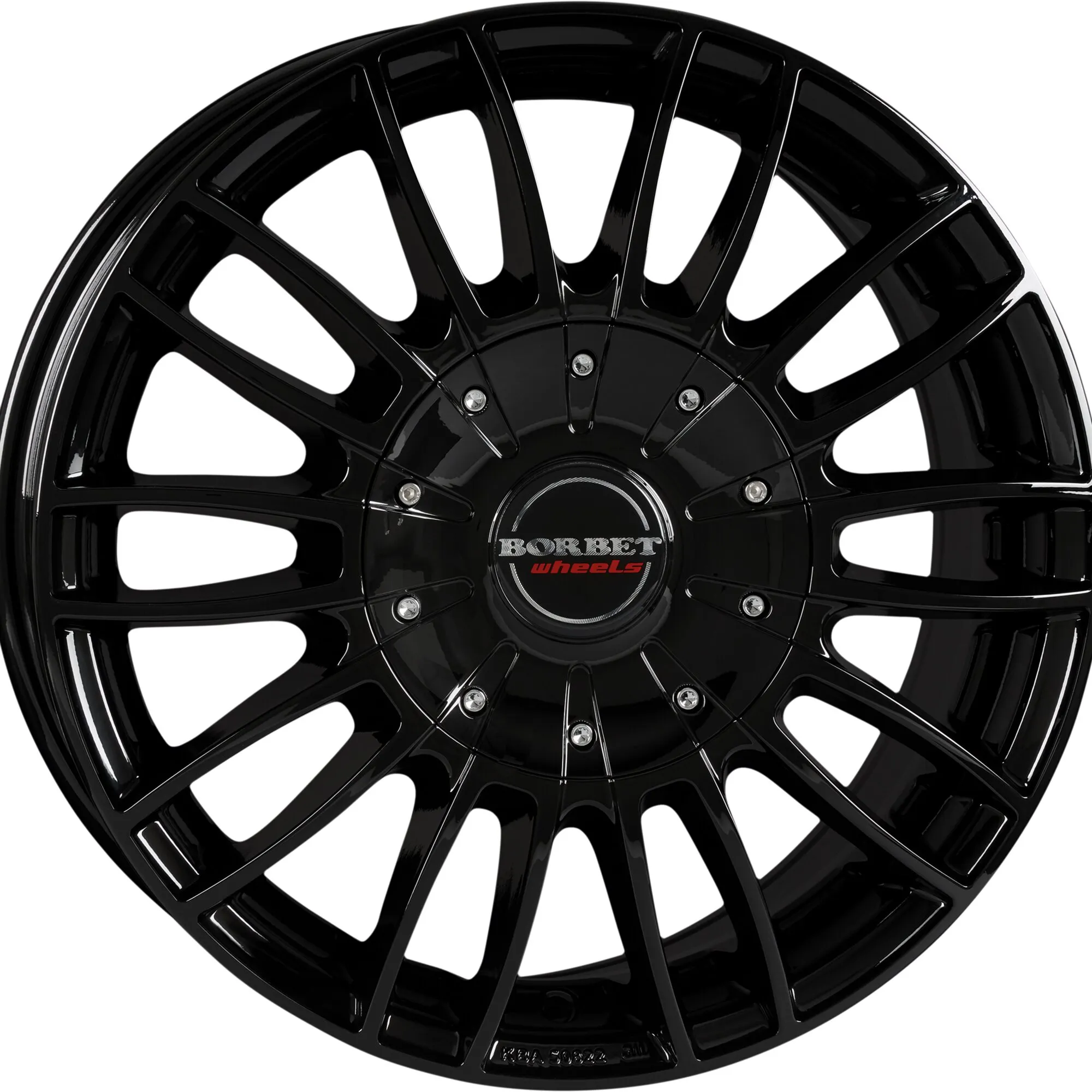 Schwarze, glänzende Borbet CW3 Aluminiumfelge mit 18 Speichen und zentralem Borbet-Wheels-Logo, frontal aufgenommen