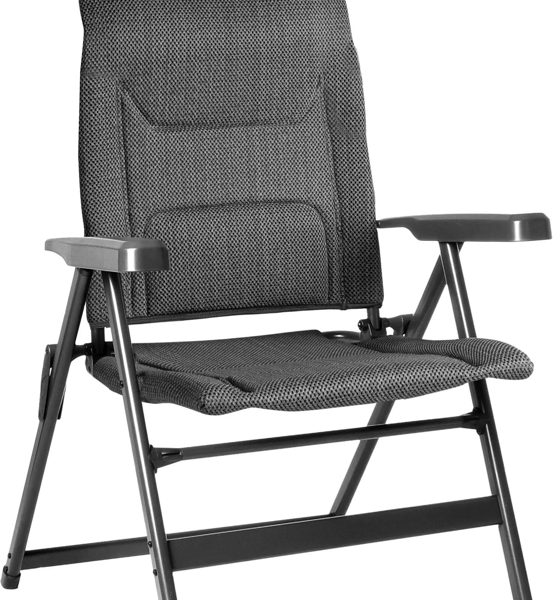 Campingstuhl mit hoher Rückenlehne aus dunkelgrauem Mesh-Gewebe, gepolsterter Sitz, graue Armlehnen, klappbarer Metallrahmen