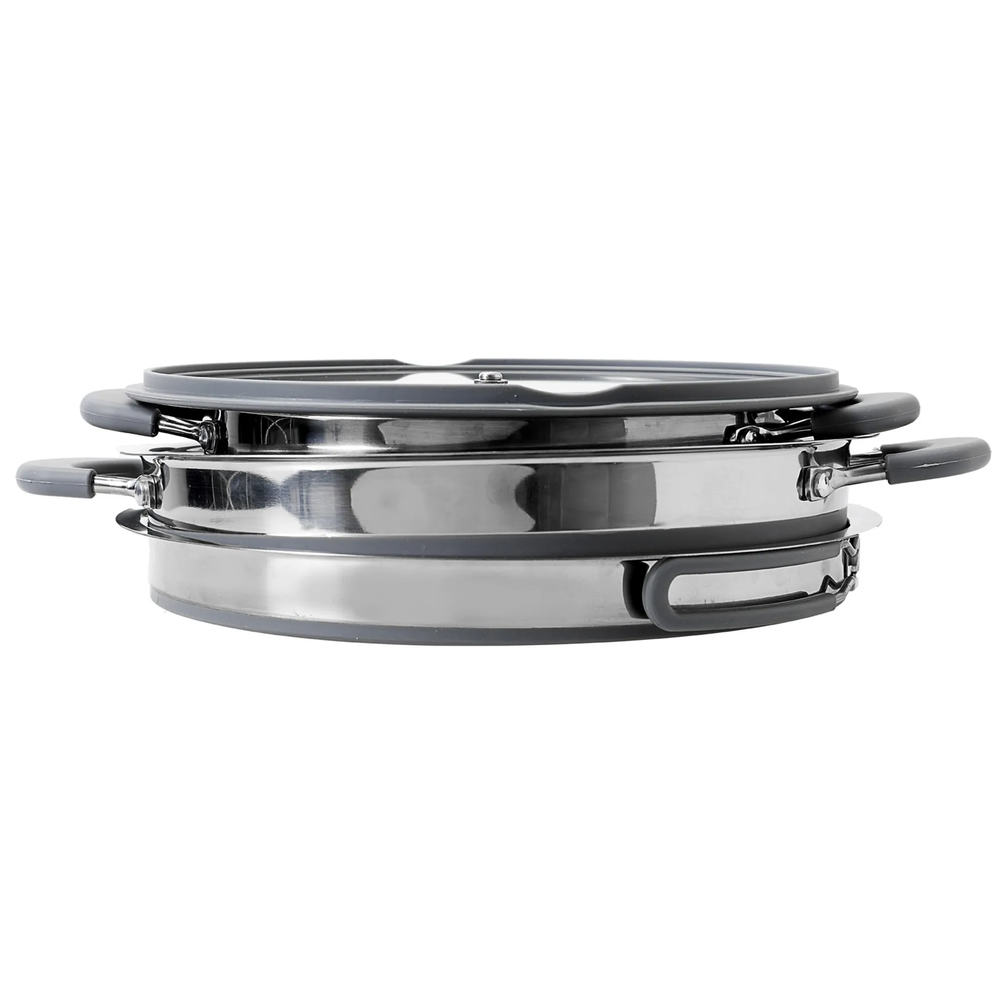 Faltbares Topfset Volcano Pasta Al Volo aus glänzendem Edelstahl mit zwei Töpfen, Deckel und klappbaren Griffen, Ø 24 cm
