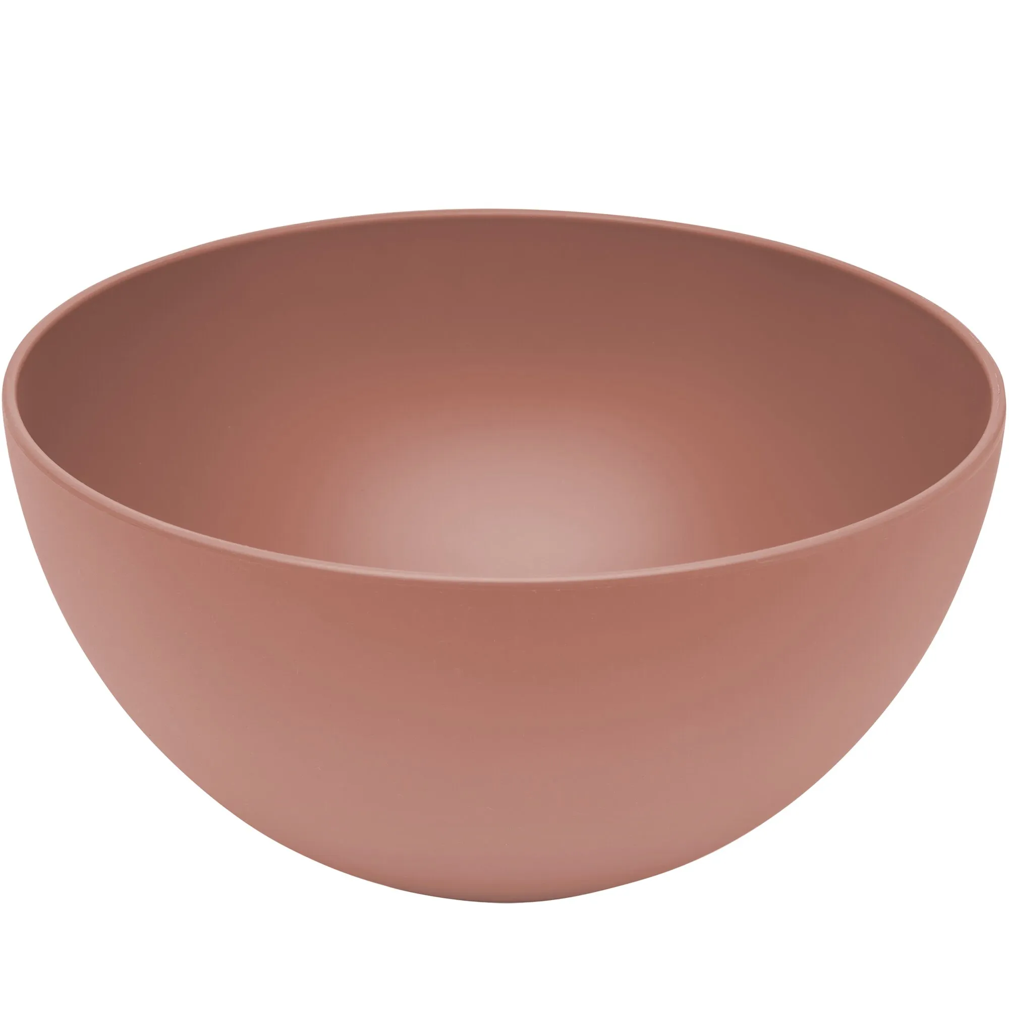 Nahaufnahme einer runden Terracotta-Schüssel mit glatter Oberfläche, Innenraum sichtbar und braunrote Farbe vor weißem Hintergrund