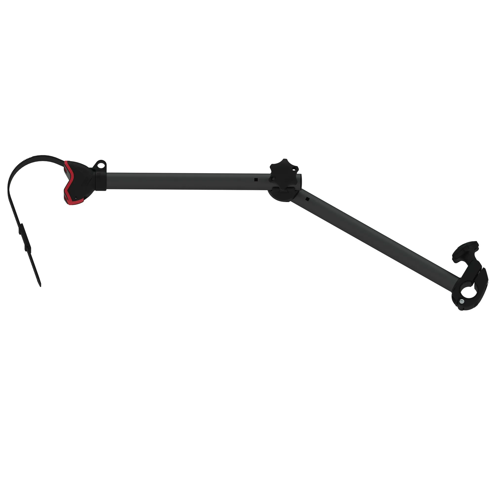 Schwarzer Fahrradhalter Bike-Block Pro S D3 in Seitenansicht mit langem Gelenkarm, roter Rahmenklemme und Befestigungsring