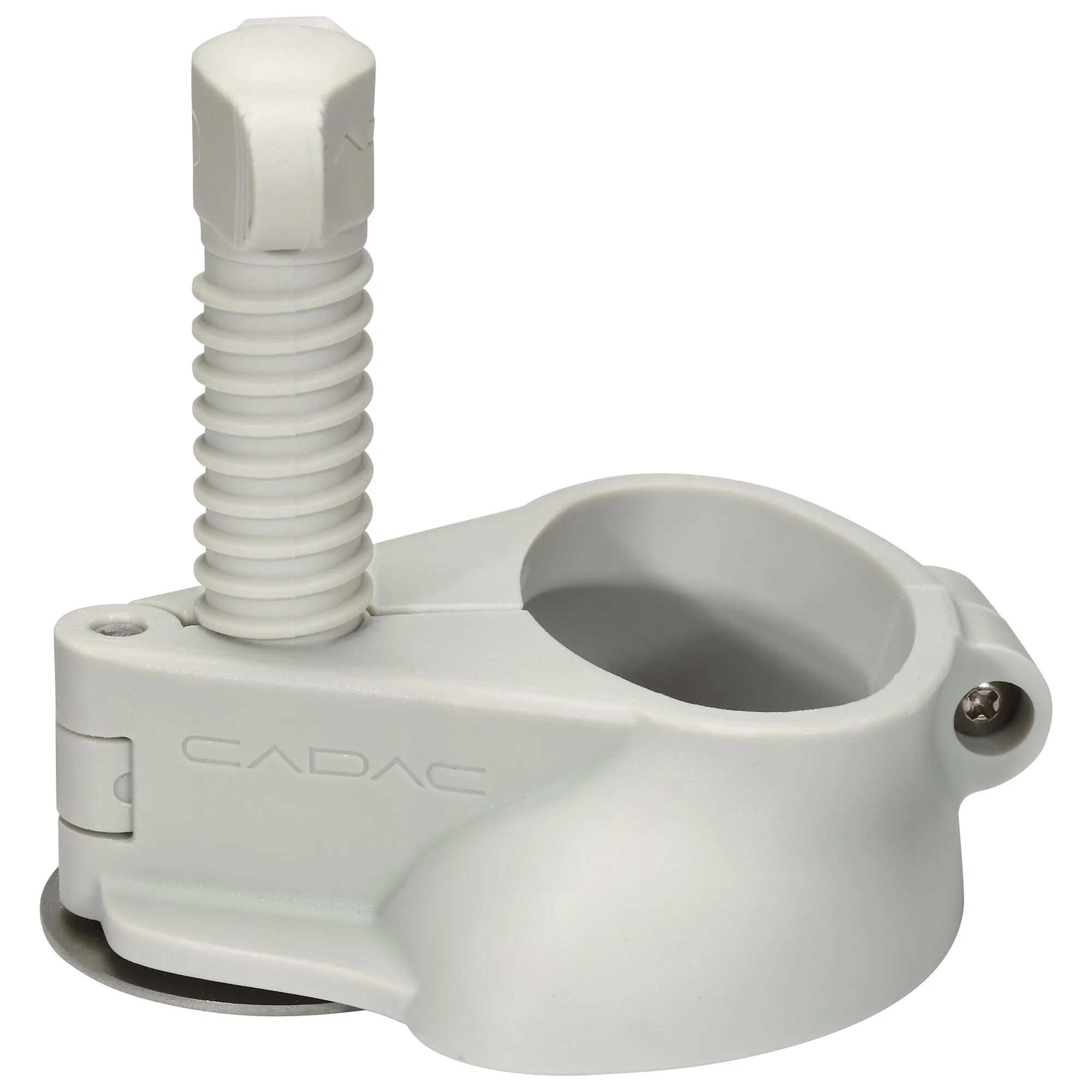 Weißer Beinadapter Leg Leveller Grillo Chef mit geriffeltem Einstellgewinde, Befestigungsöffnung und eingelassener Metallschraube