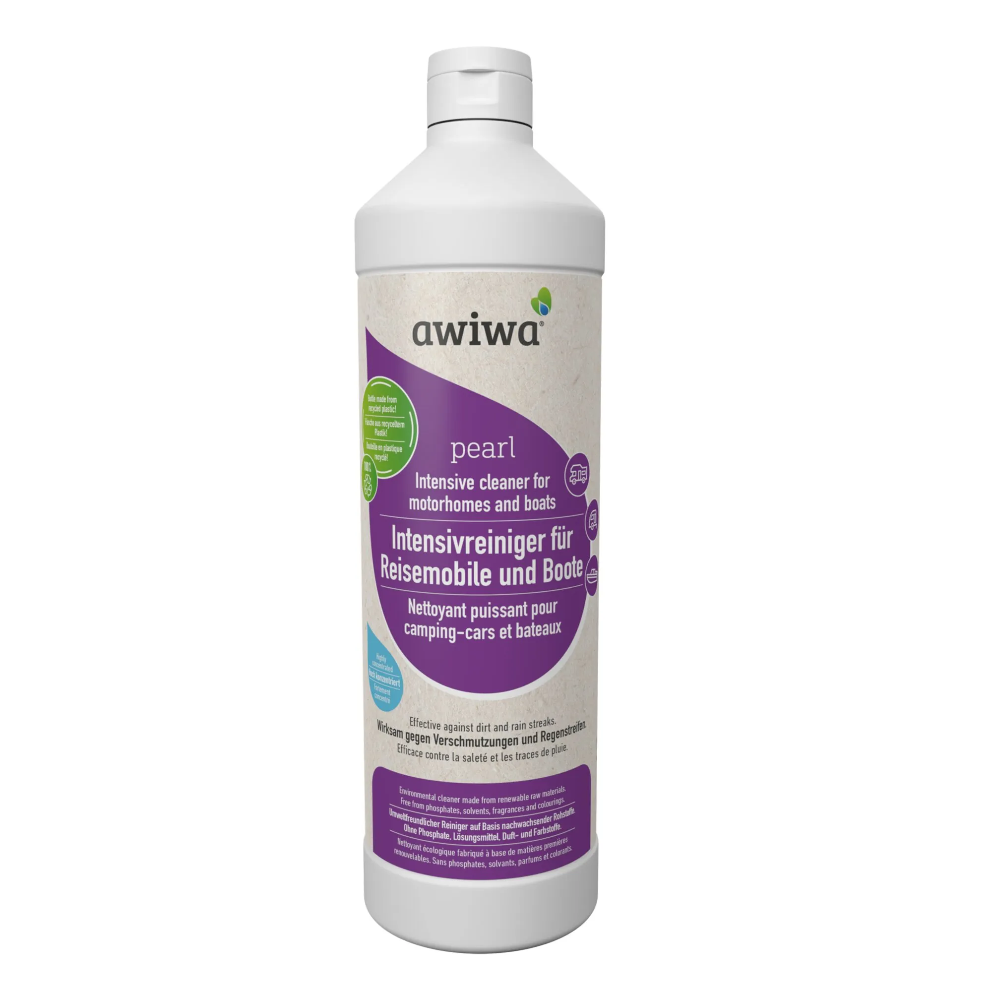 Weiße 1-Liter-Flasche mit violettem Etikett von awiwa, Caravan- und Boots-Intensivreiniger pearl