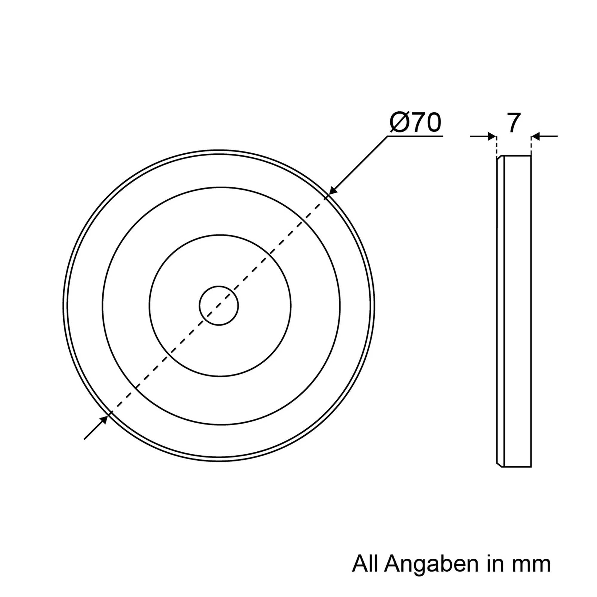 Technische Zeichnung einer runden Aufbauleuchte mit konzentrischen Ringen, Durchmesser 70 mm und Aufbauhöhe 7 mm