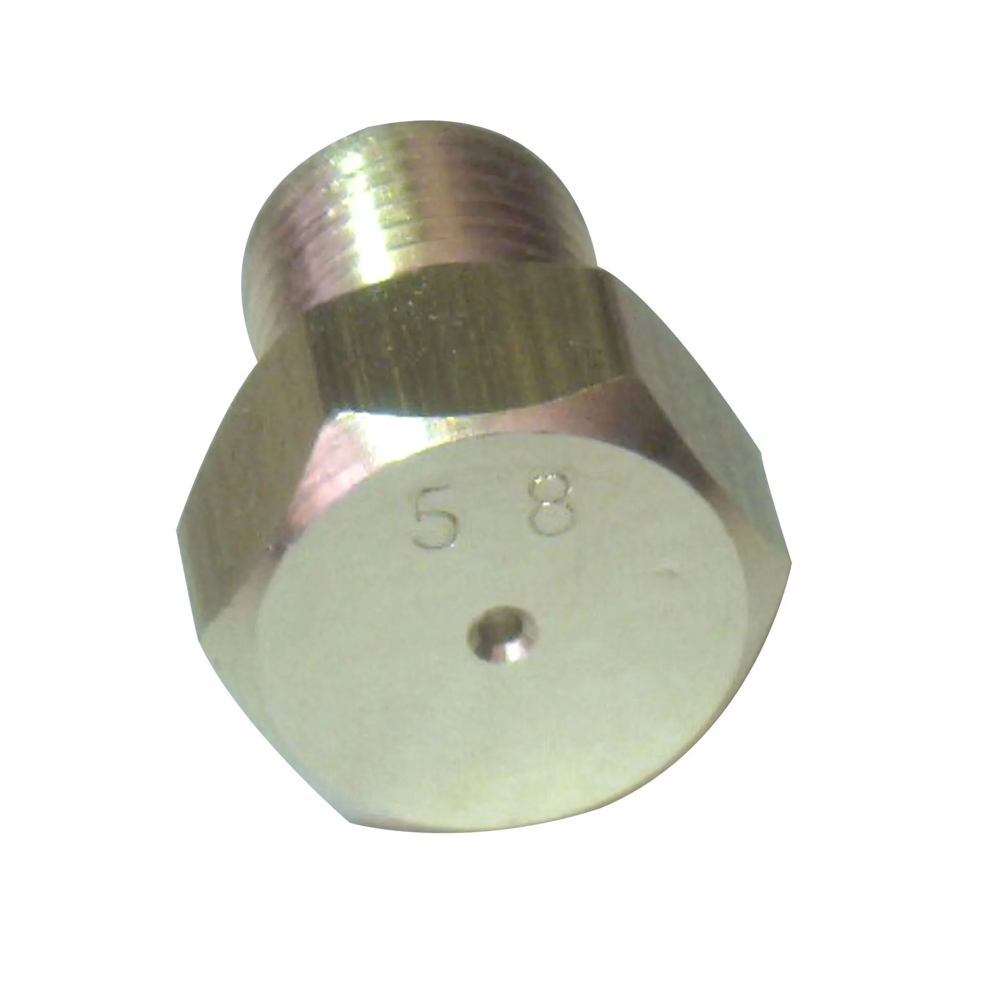 Messingfarbene Gasdüse mit Sechskantkörper und zentraler Bohrung, geprägt mit der Kennzeichnung 50 für Kocher Samba/Rumba