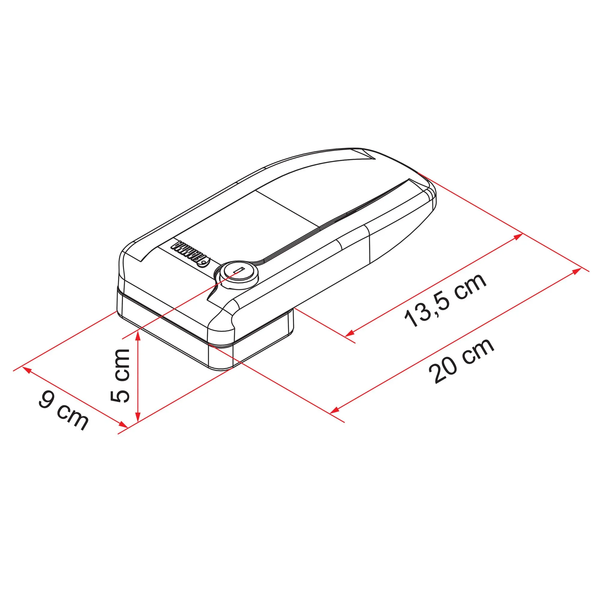 Türsicherung Safe Door Magnum in perspektivischer Ansicht mit Schließzylinder und Maßangaben 20 × 13,5 × 9 × 5 cm