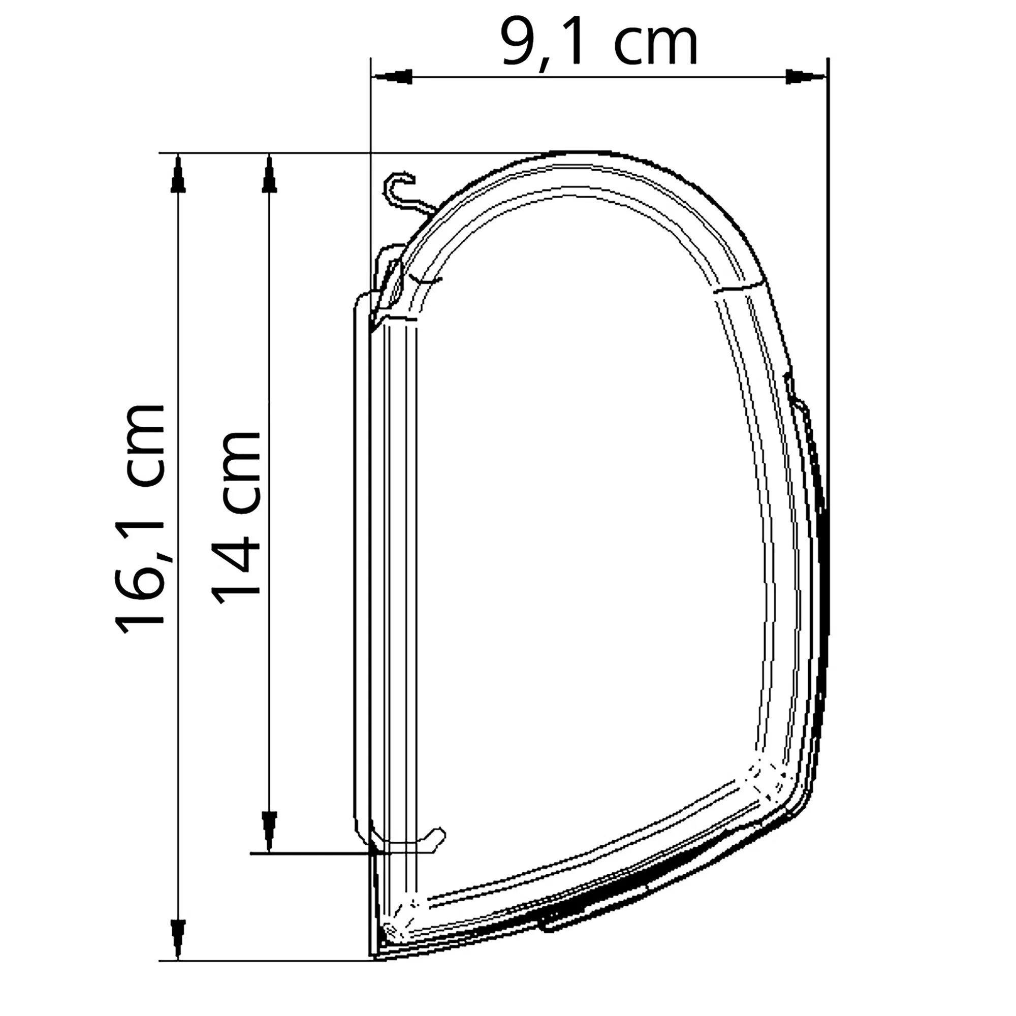 Technische Seitenansicht der Markise Thule Omnistor 5200 mit Gehäuseprofil und Maßangaben 9,1 cm, 16,1 cm und 14,4 cm
