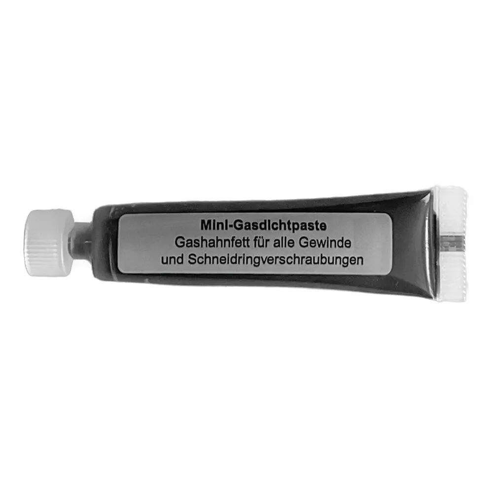 Schwarze Mini-Gasdichtpaste-Tube mit weißem Schraubverschluss und Aufdruck für Gewinde und Schneidringverschraubungen