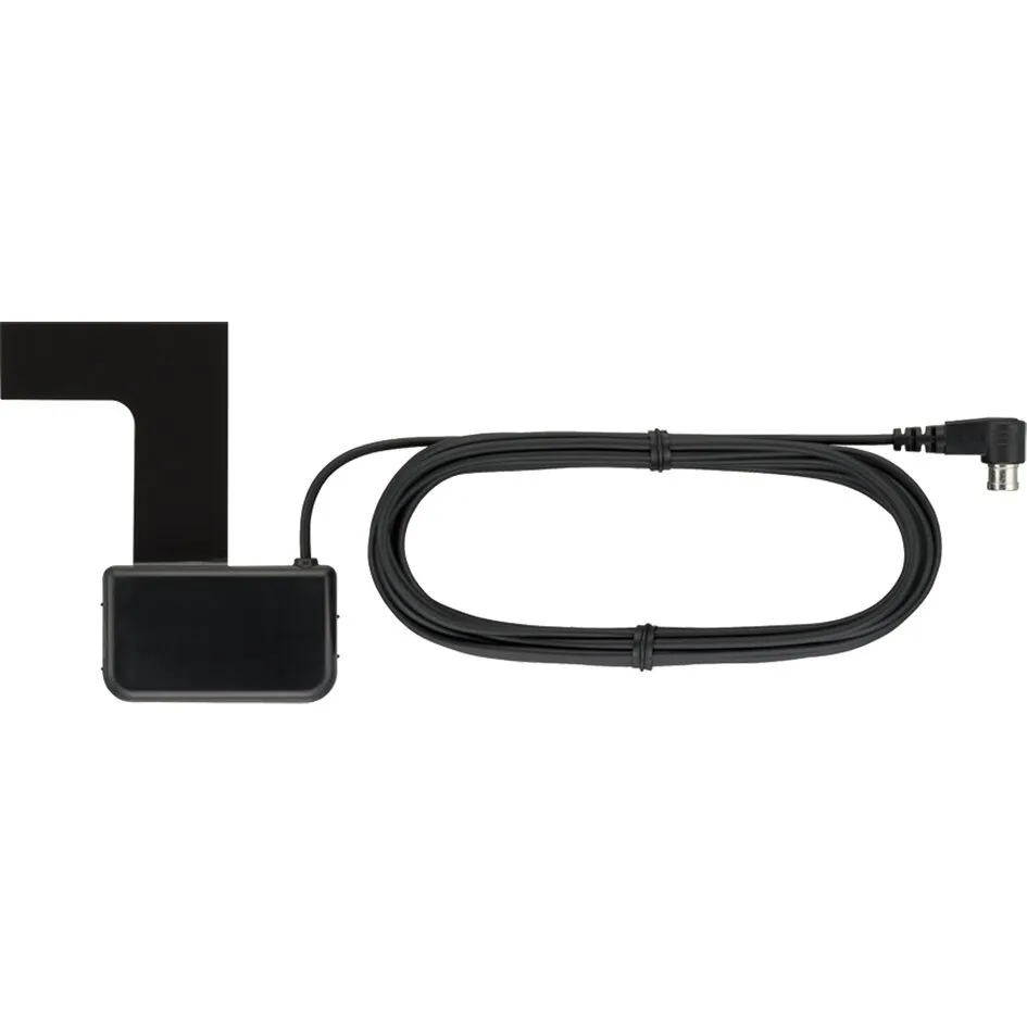 Schwarze DAB+-Scheibenantenne Pioneer CA-AN-DAB.001 mit flachem Antennenelement, Anschlussbox und langem Kabel mit Winkelstecker