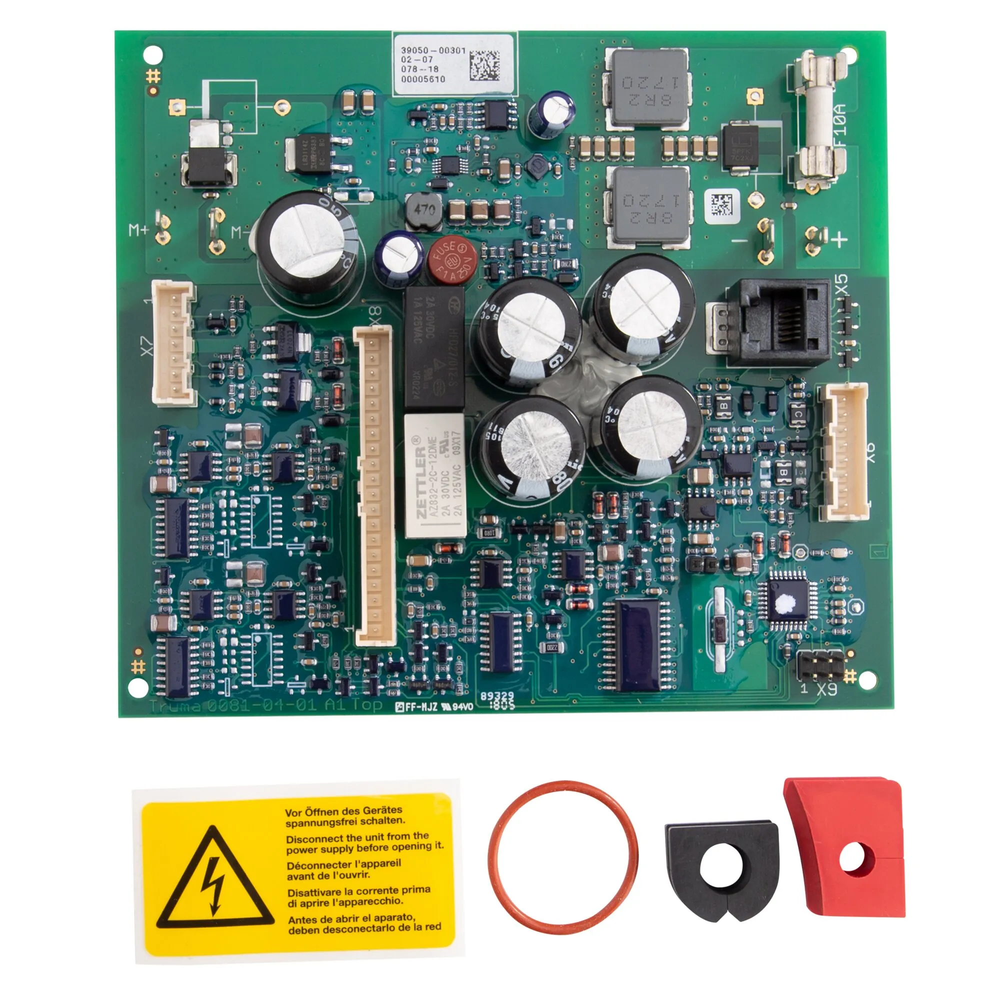 Grüne Elektronikplatine für VarioHeat eco und comfort mit Steckverbindern, Sicherung, Kondensatoren, Warnaufkleber und Zubehörteilen