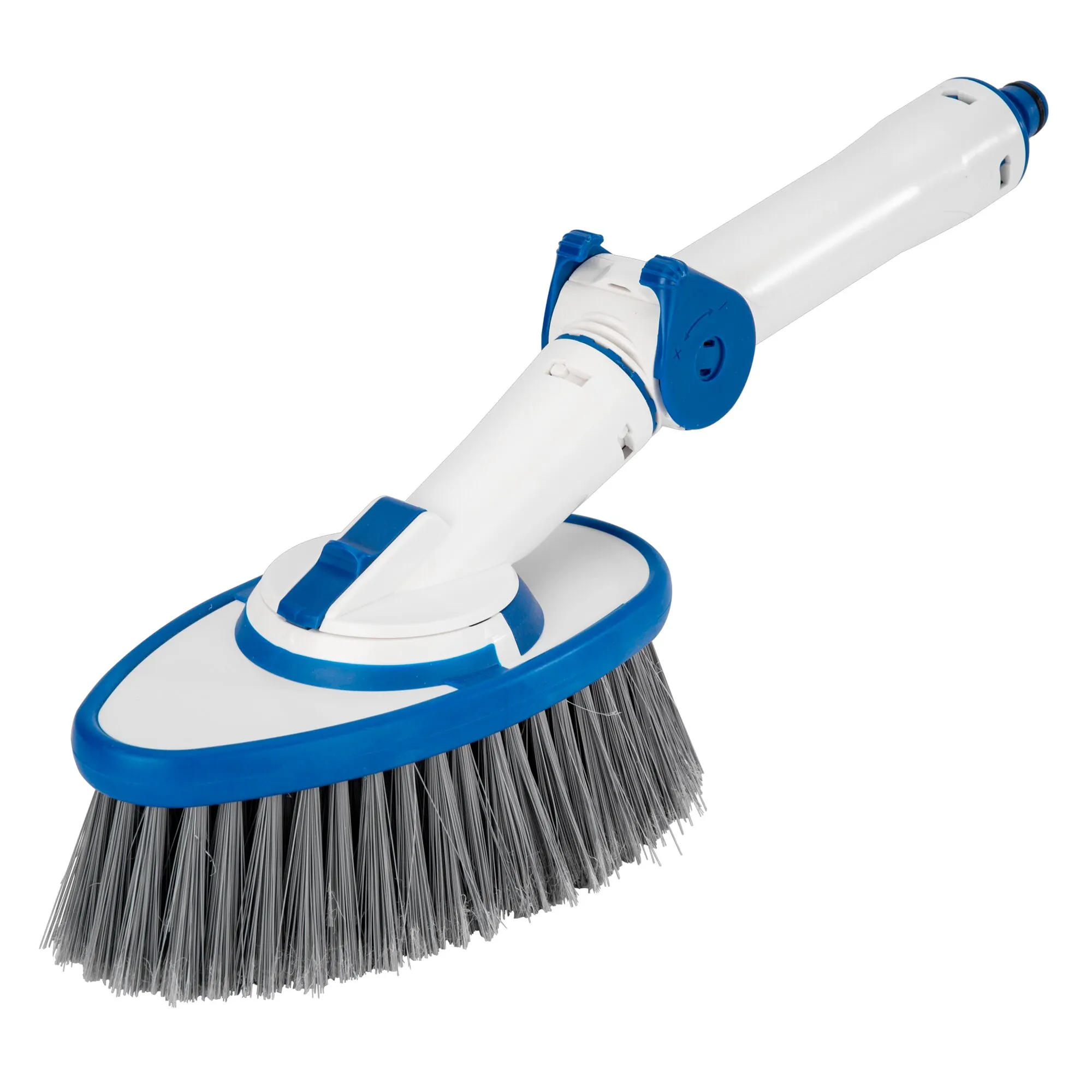 Ovale Waschbürste in Weiß und Blau mit langem Griff, drehbarem Bürstenkopf und grauen Borsten