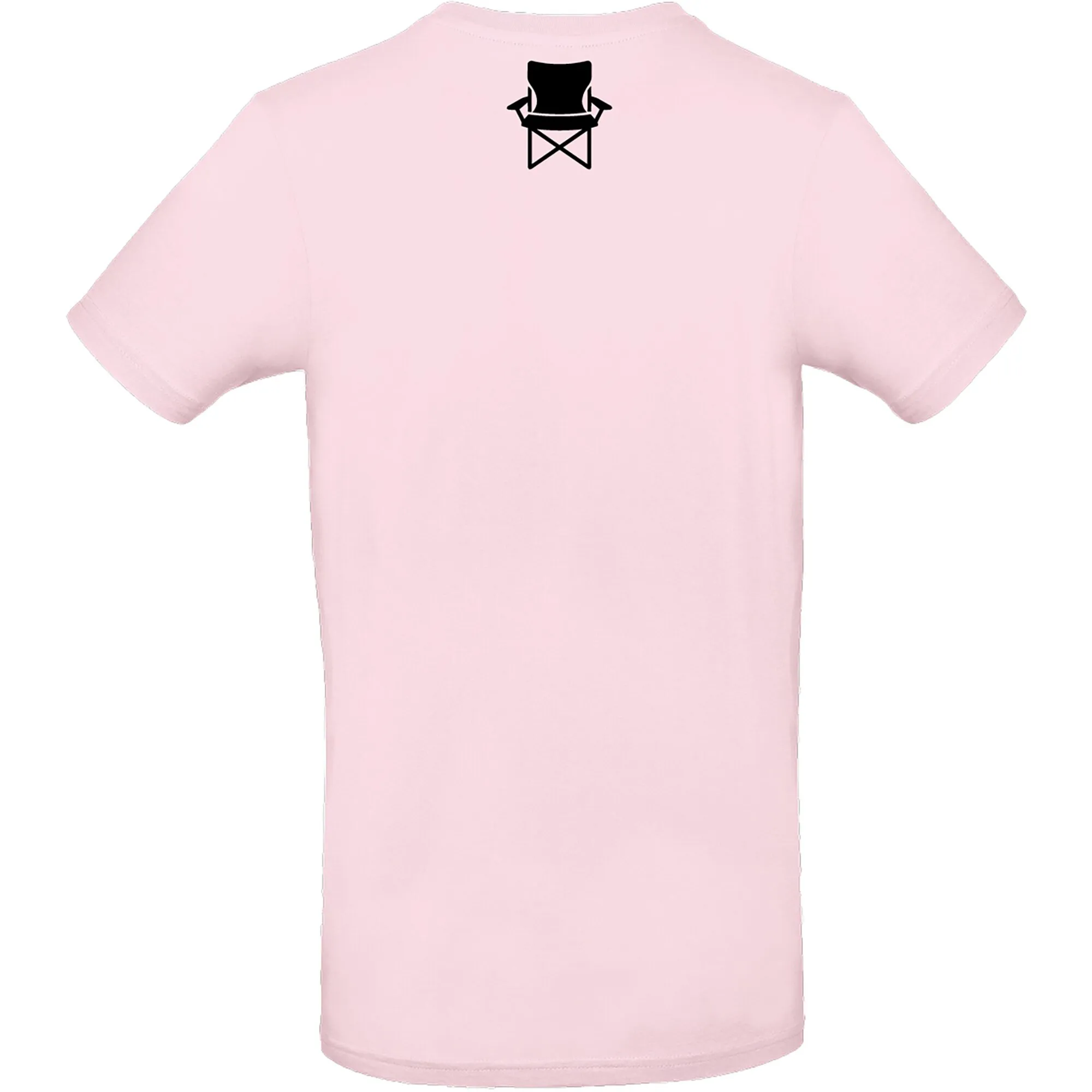 Rosa T-Shirt „Hetz mich nicht, bin am Campen“ in Größe XXL mit schwarzem Campingstuhl-Motiv am Ausschnitt