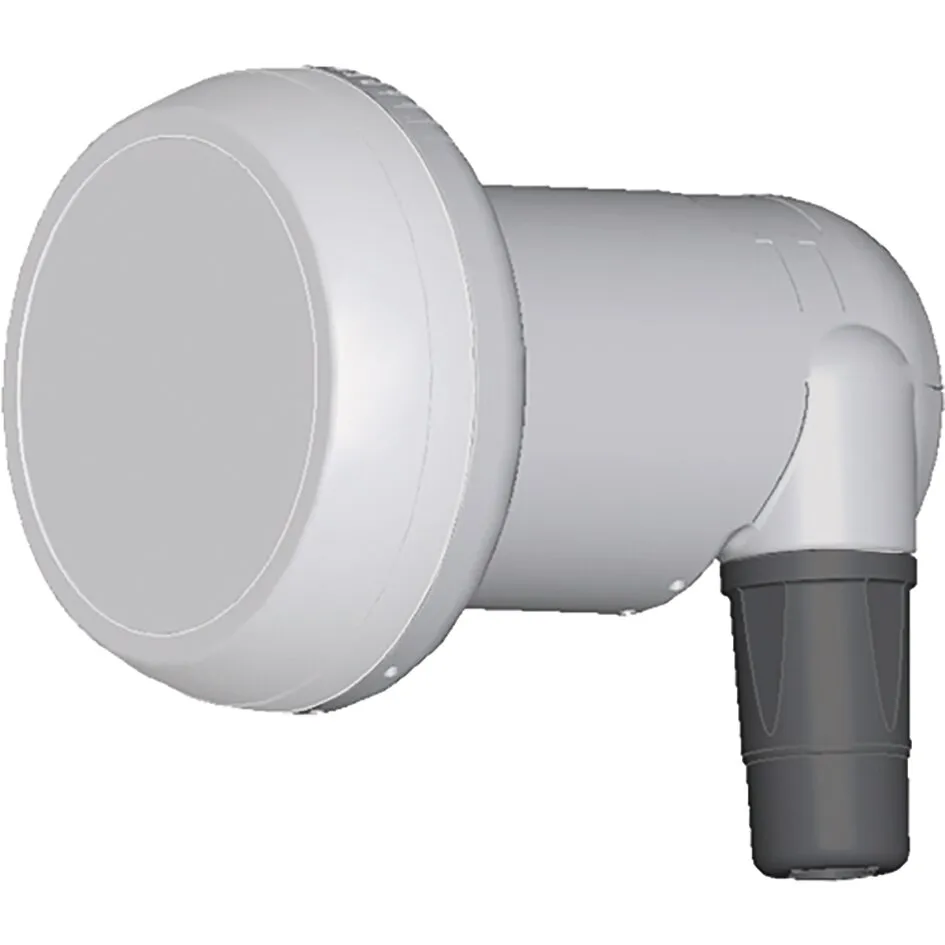 Weißer Universal-Single-LNB KEL in seitlicher Ansicht mit rundem Empfangskopf und schwarzem, abgewinkeltem Anschluss cover