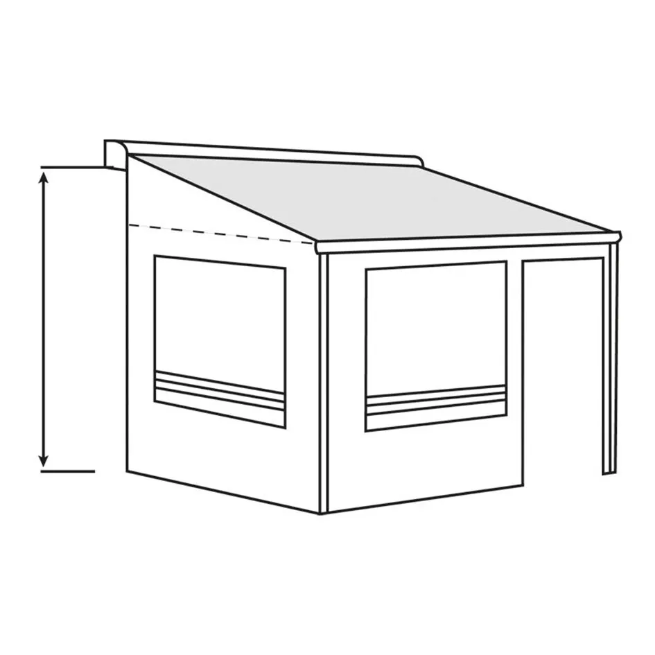 Technische Zeichnung des Vorderteils Thule Residence G3, 5,50 m, mit grauem Dach, zwei Fenstern und Höhenmaß 275–310 cm