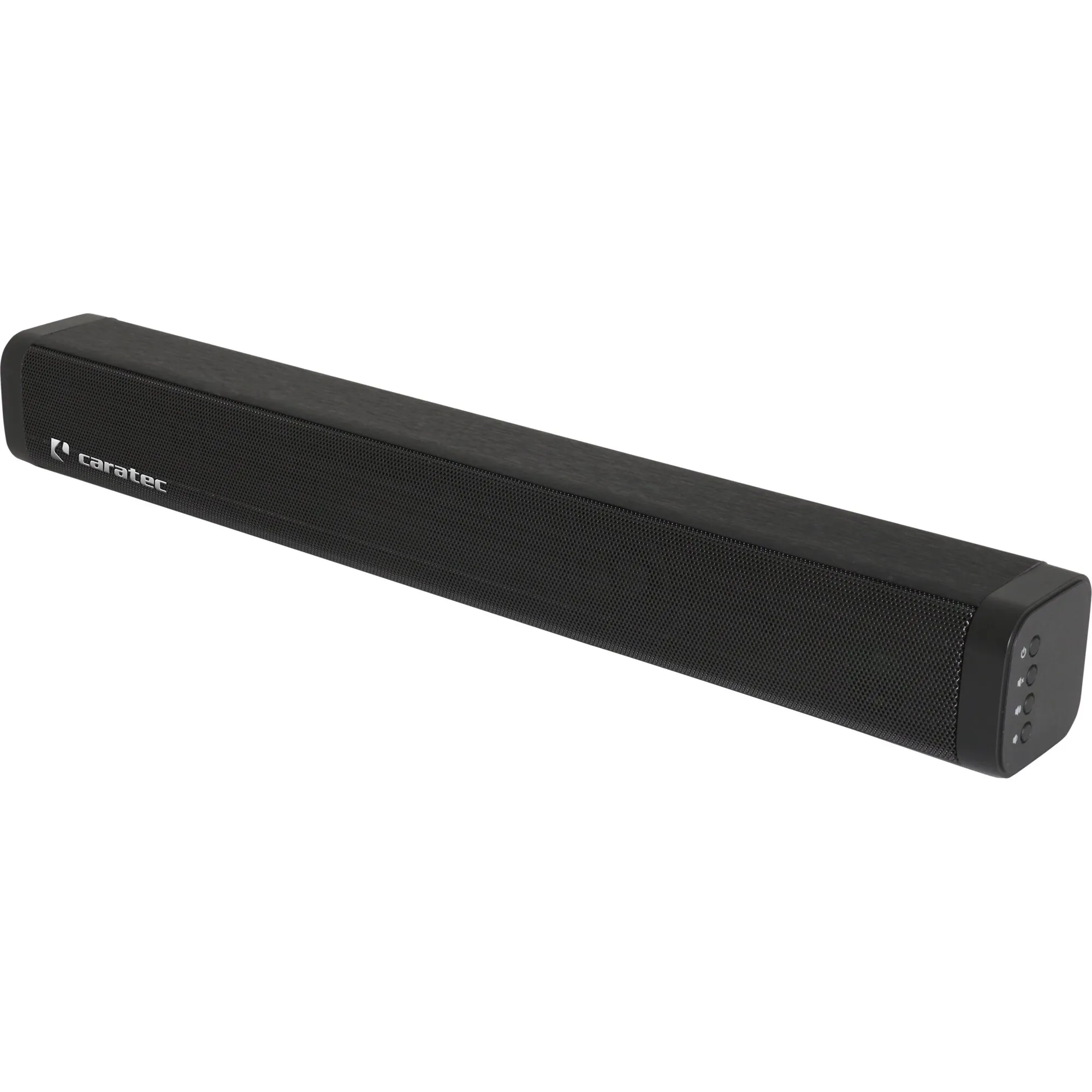Schwarze Soundbar Caratec CAS104BT mit Metallgitter, Caratec-Logo und Bedientasten an der rechten Seite