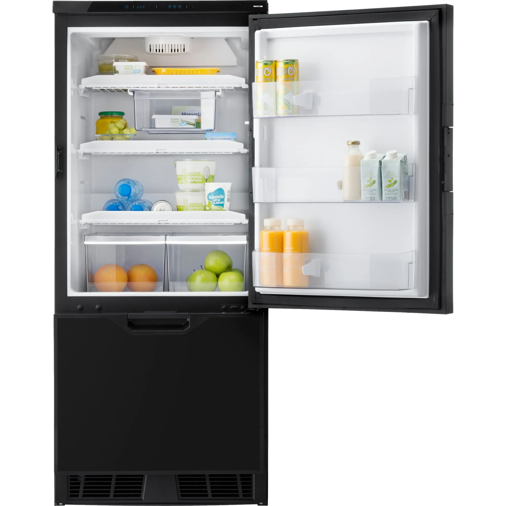 Schwarzer 12-Volt-Kühlschrank T2160 mit geöffneter Tür, 158 l Volumen, gefüllten Fächern und zwei transparenten Gemüse-Schubladen