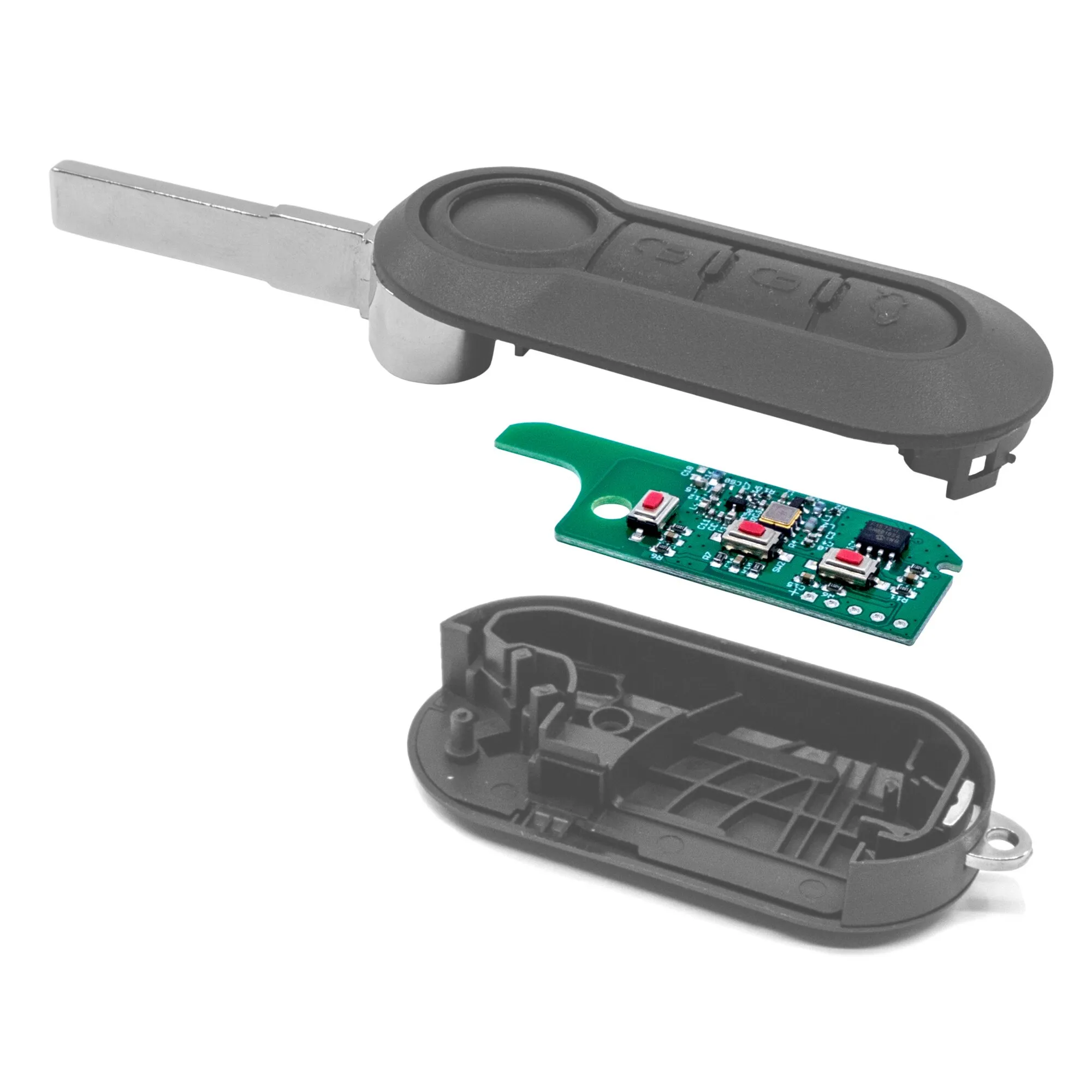 Safe.lock Umrüstplatine neben geöffnetem schwarzem Autoschlüsselgehäuse mit Metallklinge und drei Tasten