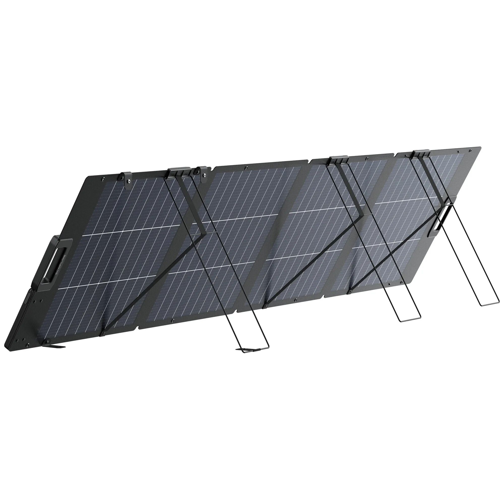 Faltbares schwarzes Solarmodul mit mehreren Solarzellenflächen, integrierten Standbügeln und einer Leistung von 220 Wp