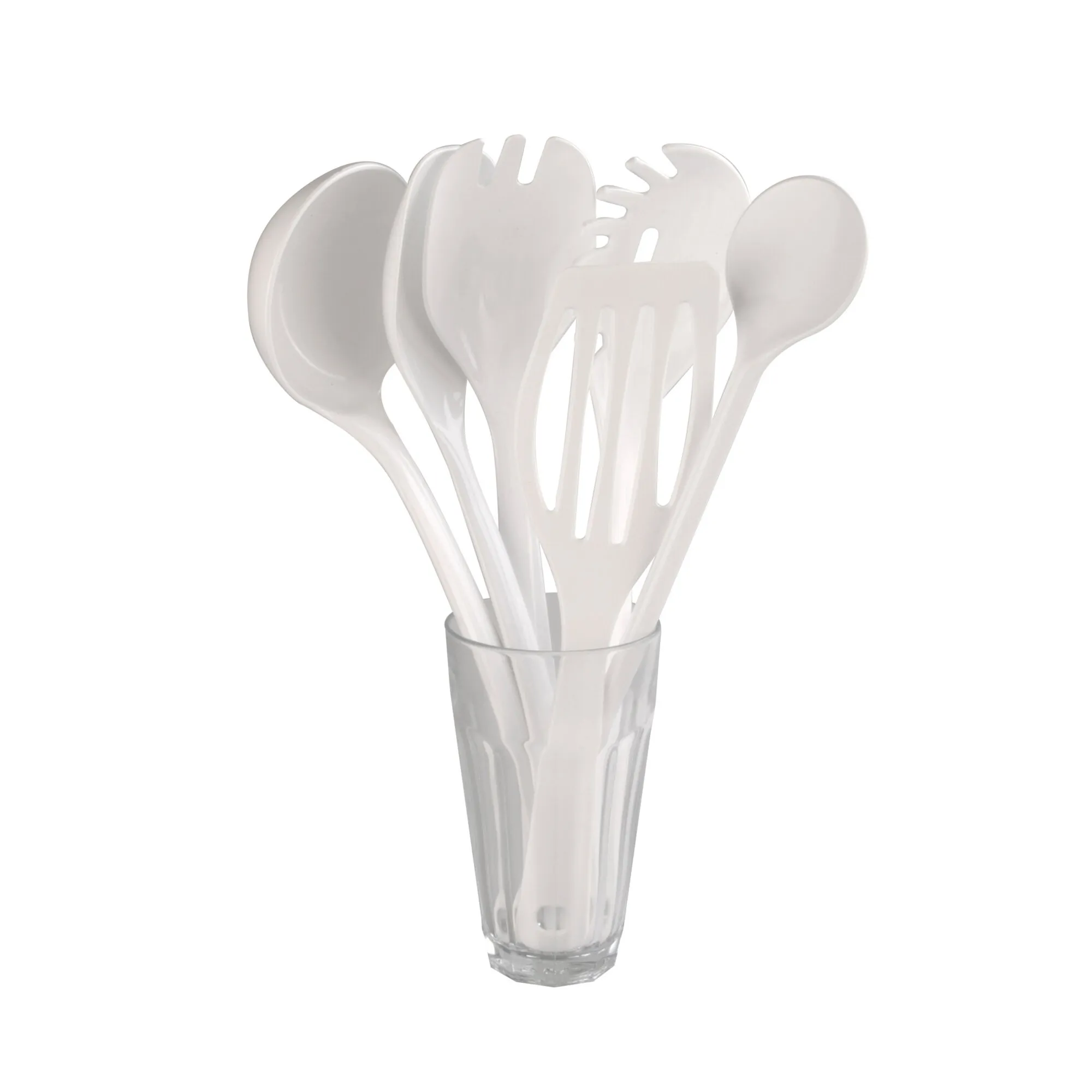 Weißes Küchenhelfer-Set mit Löffel, Schöpflöffel, Pfannenwender und Pastalöffel in einem Glasbehälter