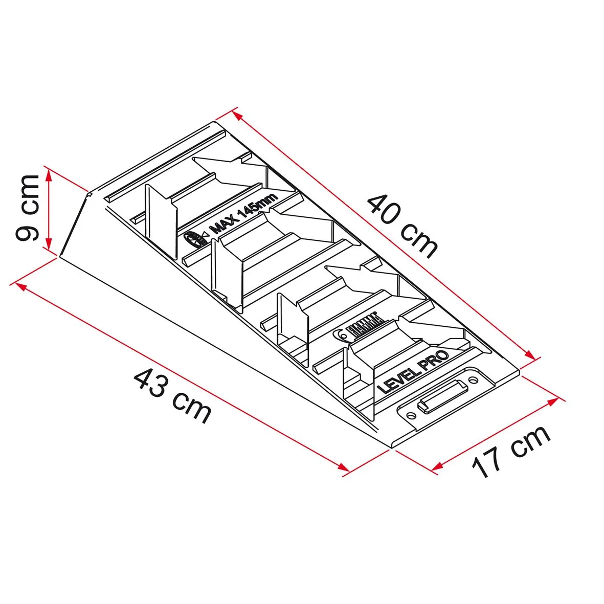 Technische Zeichnung des Auffahrkeils Level Pro mit Stufen und seitlichen Begrenzungen, Maße 43 × 17 cm, Höhe 9 cm, max. 14,5 cm