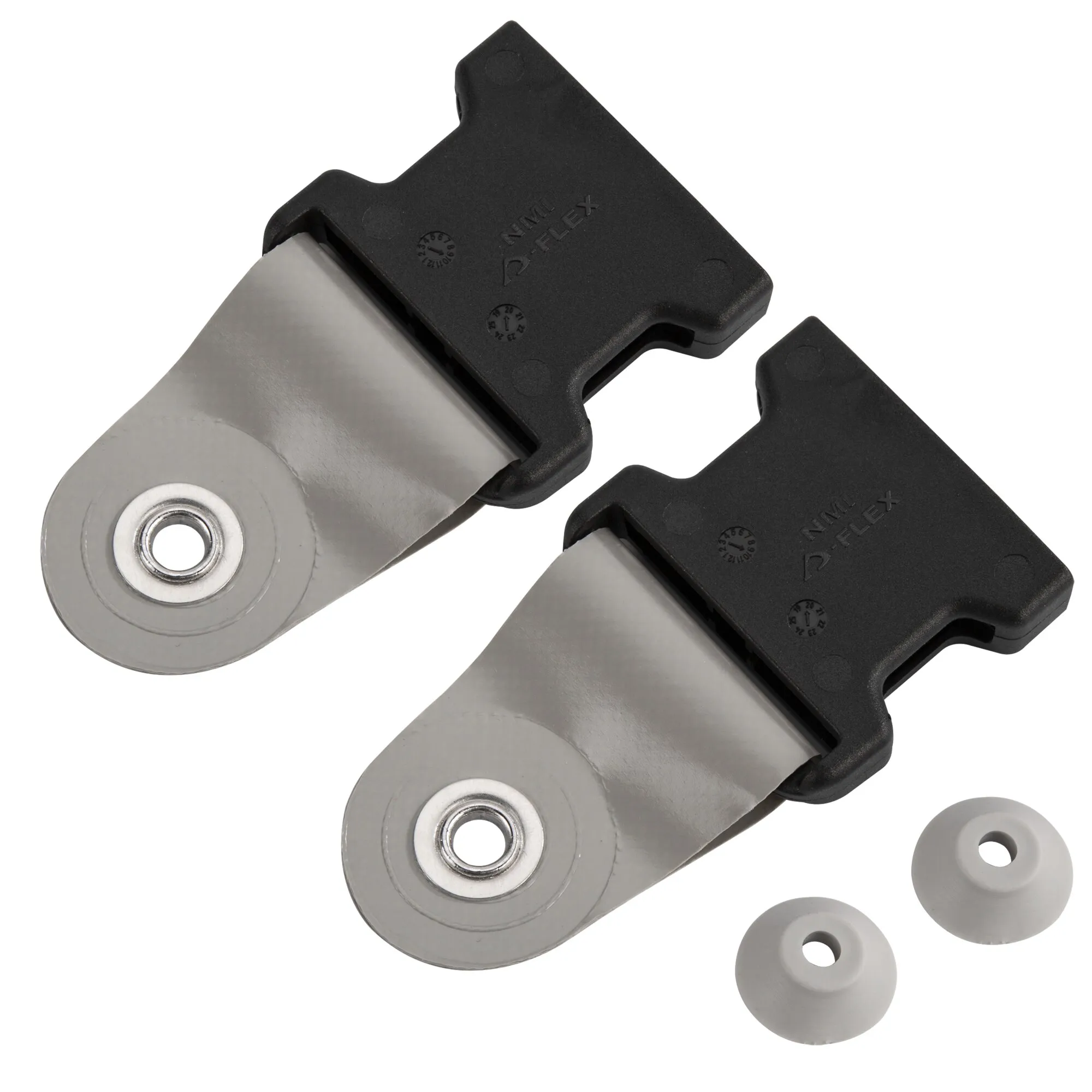 Zwei schwarze Safe Lock Universal Halteösen mit silbernen Metalllaschen und zwei weißen Distanzscheiben auf weißem Hintergrund