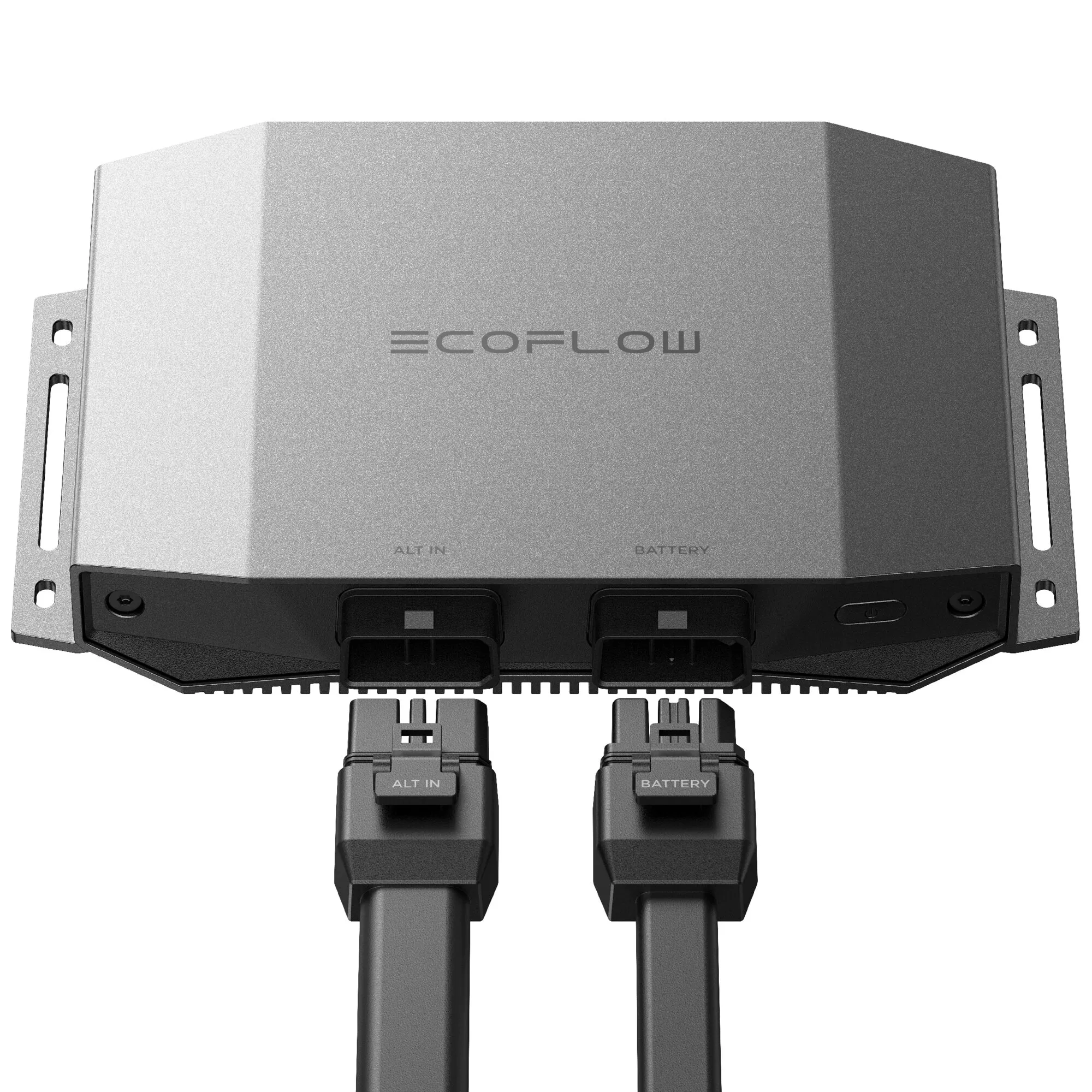 Großes silbernes Metallgehäuse mit EcoFlow-Logo, unten zwei schwarze Steckverbinder mit Beschriftung ALT IN und BATTERY, seitliche Montageschlaufen
