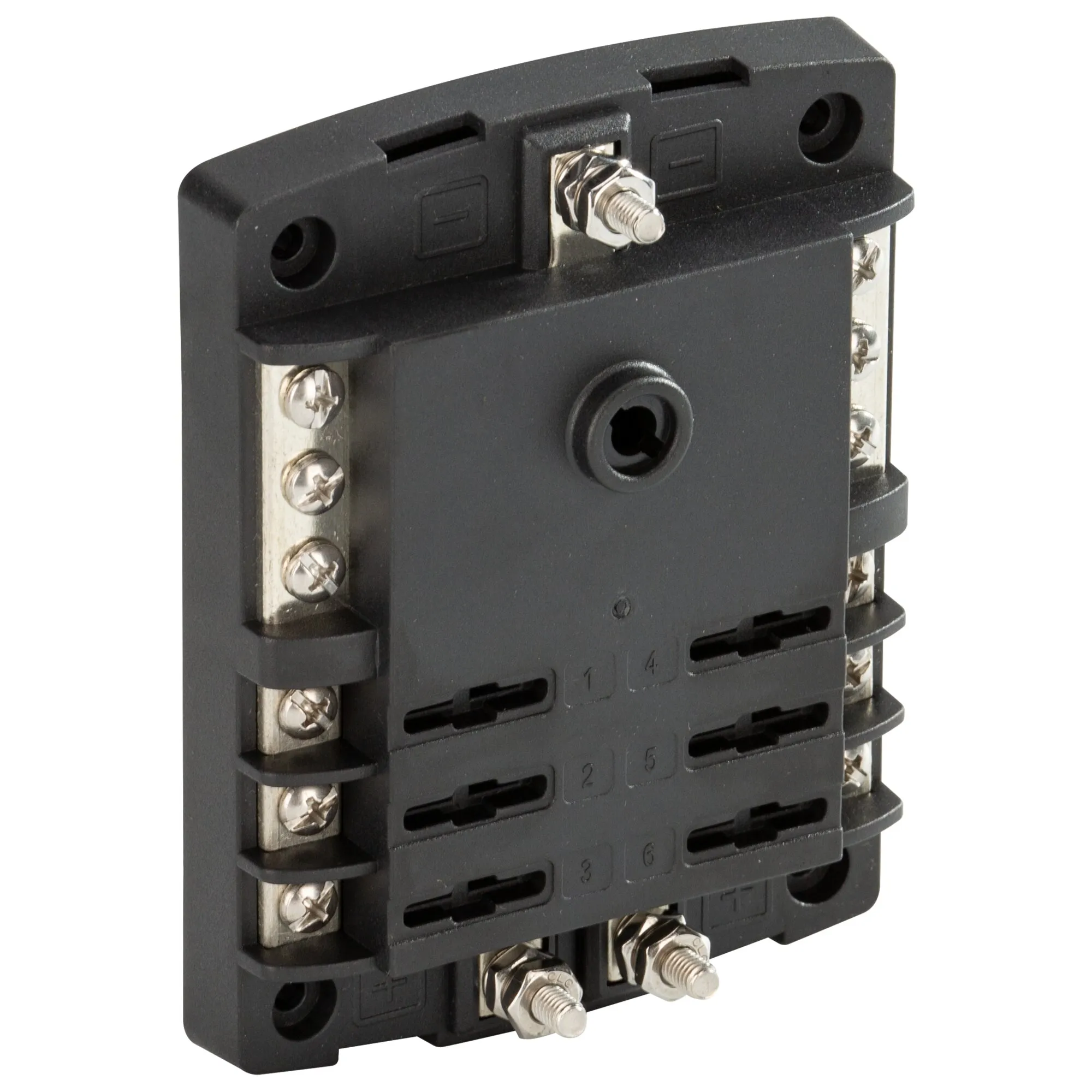 Schwarzer Sicherungsblock ST ATO® Series mit sechs Sicherungsplätzen, seitlichen Schraubanschlüssen und Erdungsschiene