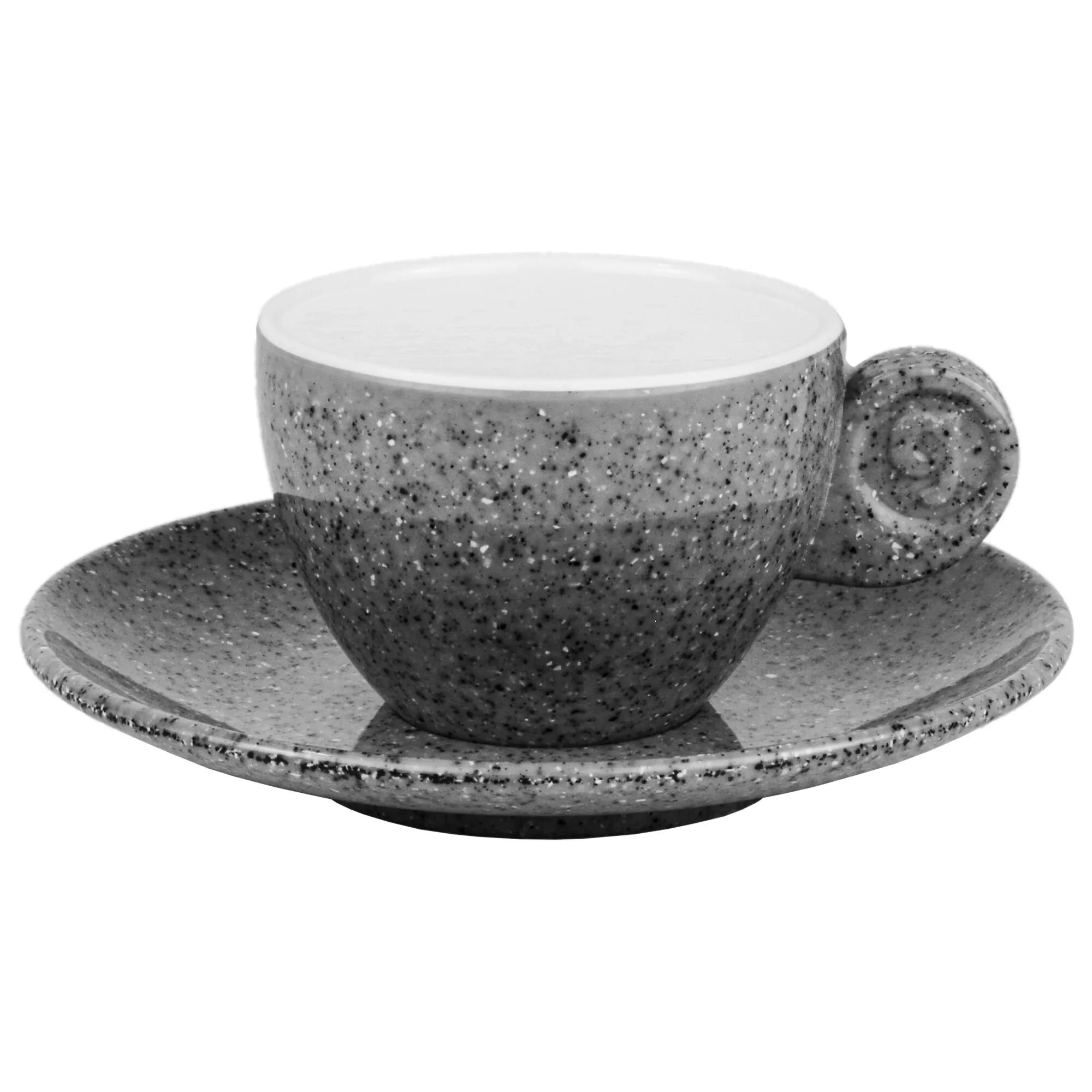Espressoset Solid Line in Granitgrau mit zwei gesprenkelten Tassen und passenden Untertassen, vorn mit Henkel чаш?