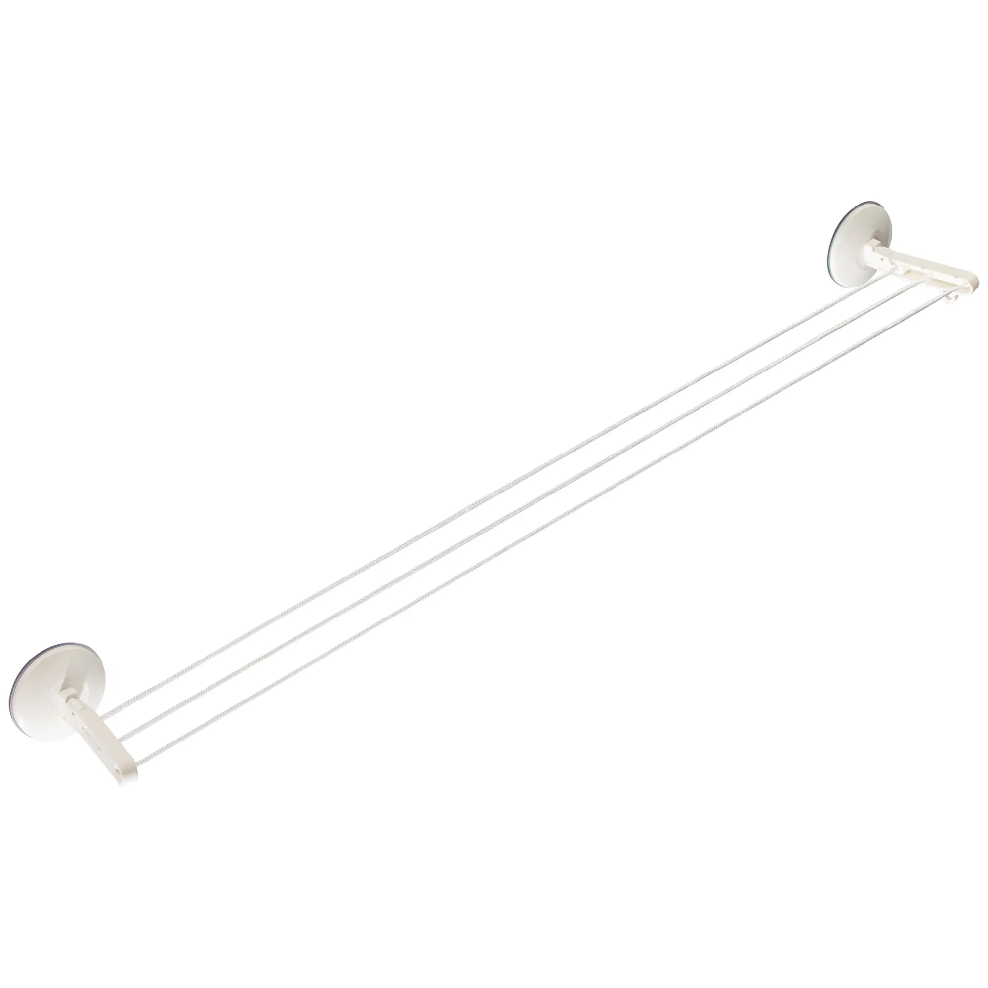 Weißer Wäschetrockner Pops mit zwei runden Wandhalterungen und drei parallel verlaufenden Trockenleinen
