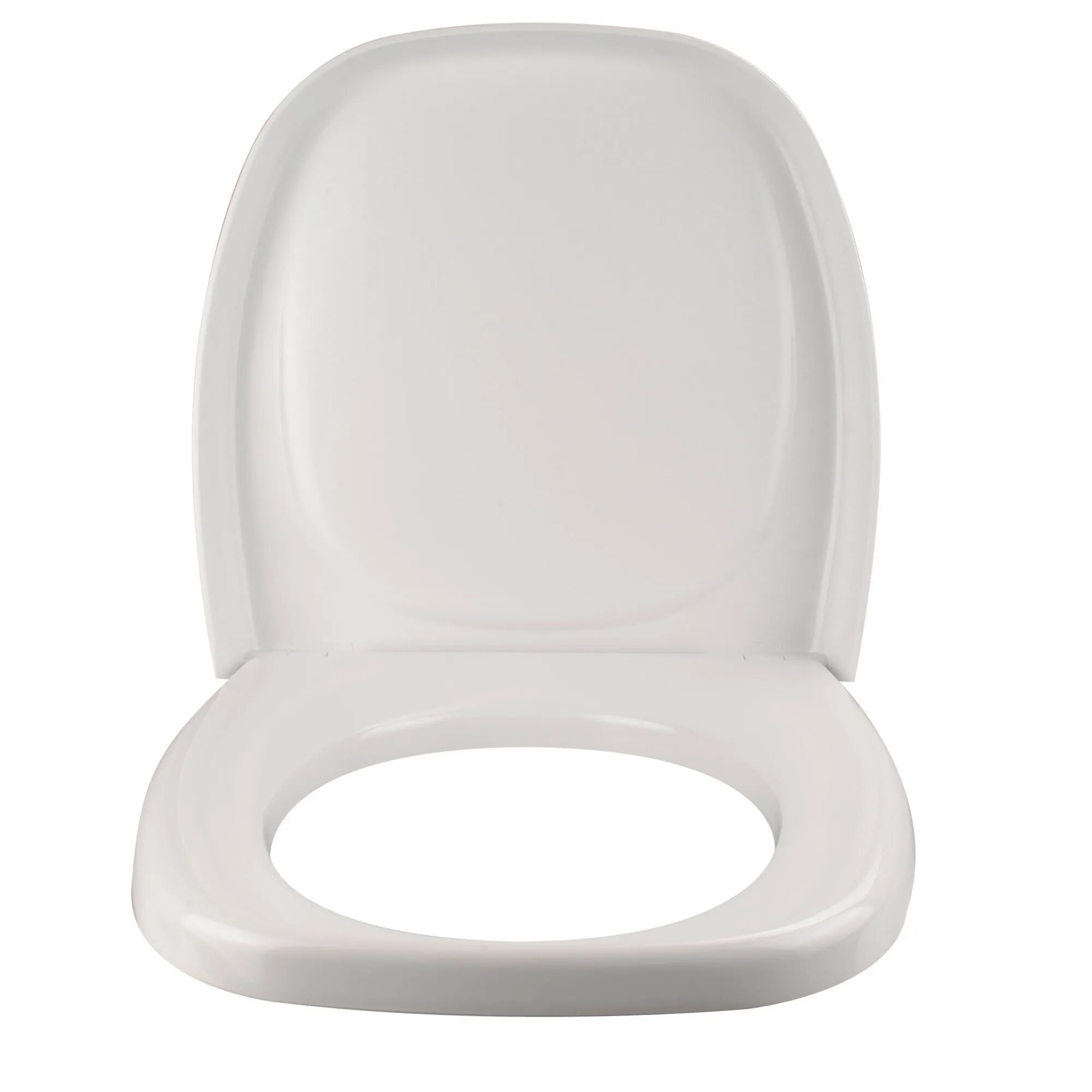 Weißer Toilettensitz mit ovaler Öffnung und aufgeklapptem, abgerundetem Deckel in Frontansicht