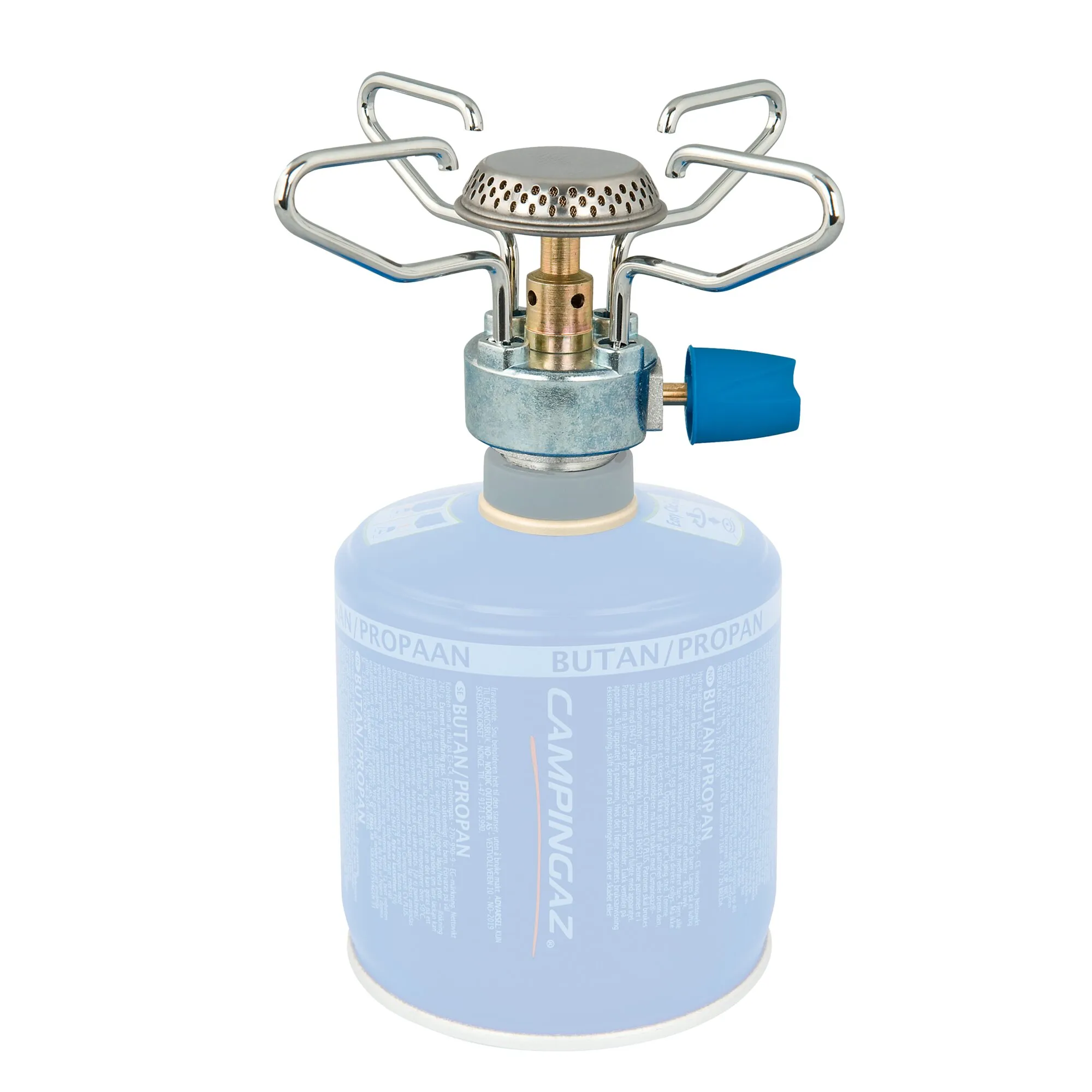 Gaskocher Bleuet® Micro Plus aus Edelstahl mit vier Topfauflagen, blauem Drehregler und angeschraubter Butan-Propan-Gaskartusche