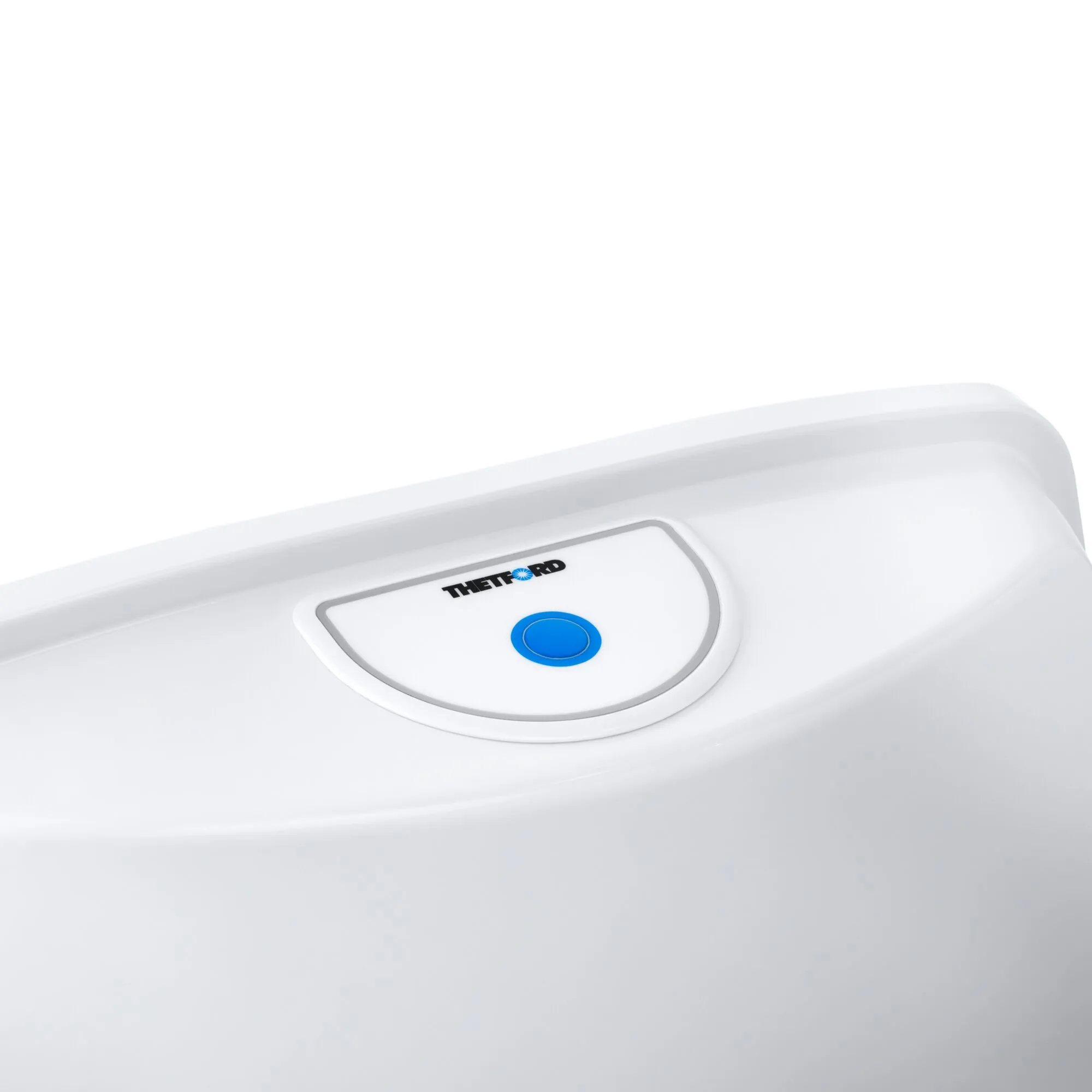Nahaufnahme der weißen Cassettentoilette Thetford C220 Typ C223-CS mit blauem Spülknopf am oberen Bedienfeld