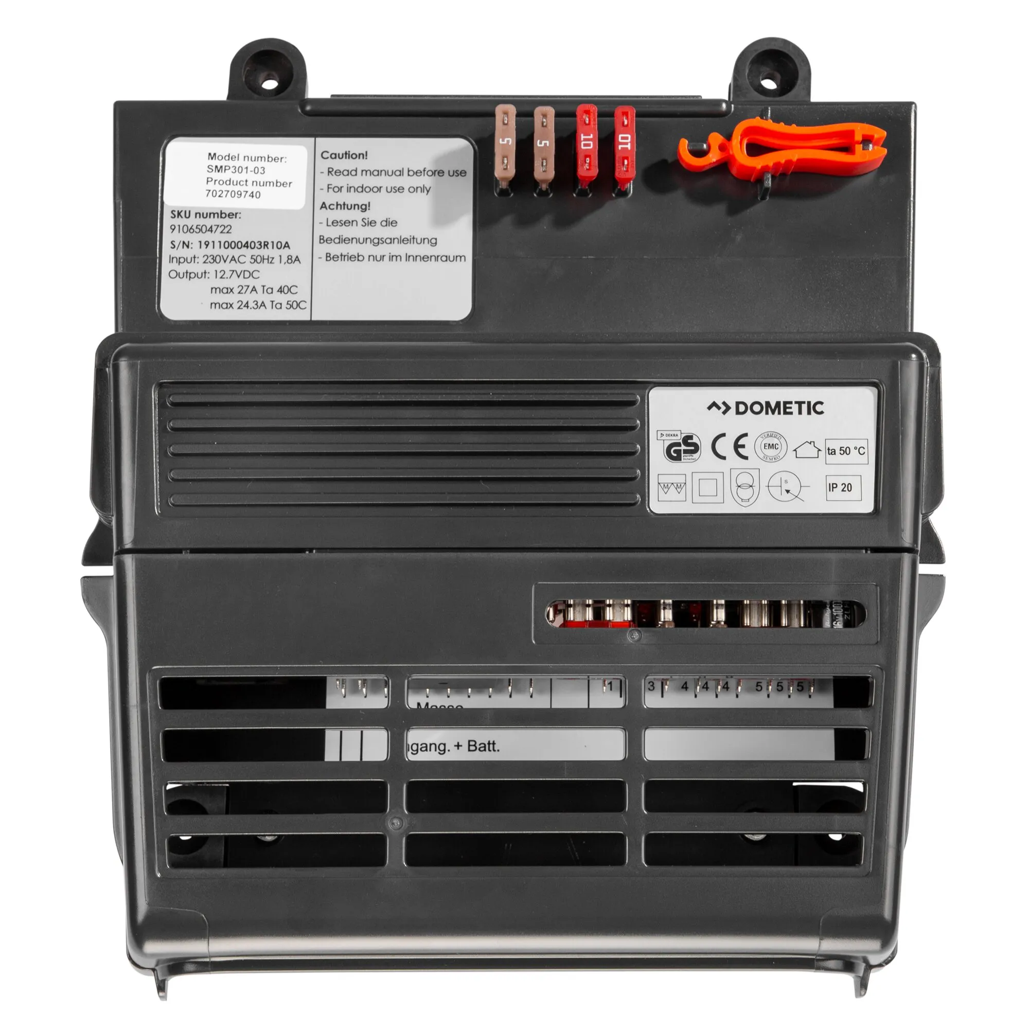 Schwarzes Dometic Schaltnetzteil mit Lüftungsschlitzen, Sicherungen, Montageösen und Anschlussklemmen, 350 W