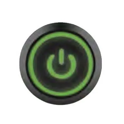 Runder schwarzer Druckschalter als Hochlastrelais mit grünem Leuchtring und beleuchtetem Power-Symbol in der Mitte