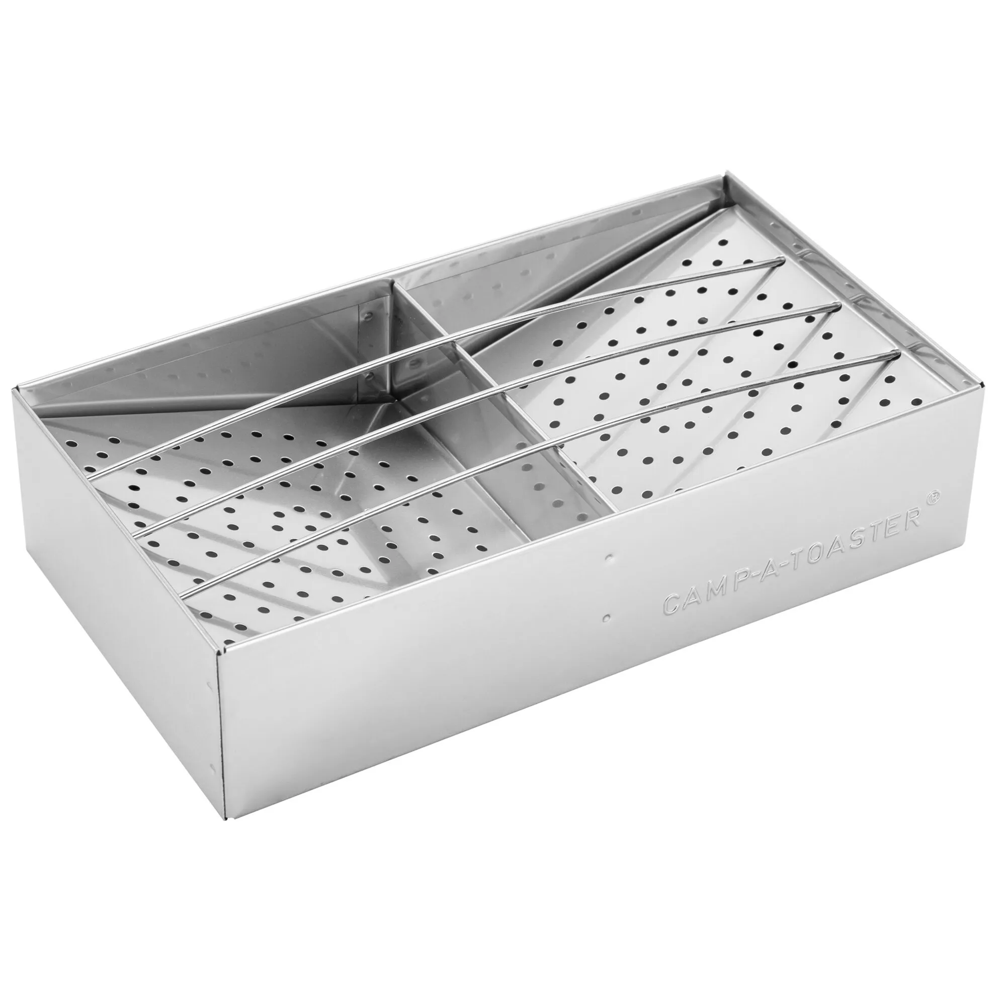 CAMP-A-TOASTER® aus Edelstahl als rechteckige Toastvorrichtung mit perforierten Flächen und drei Drahtbügeln