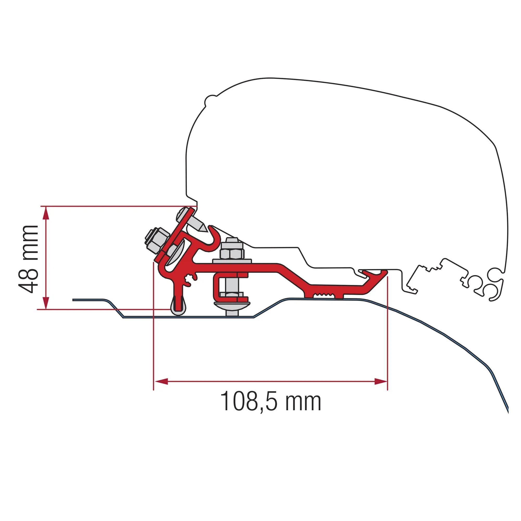 Querschnitt des Markisenadapter-Kits für Fiat Ducato, Jumper und Boxer H2 am Fahrzeugdach mit Maßen 48 mm und 108,5 mm