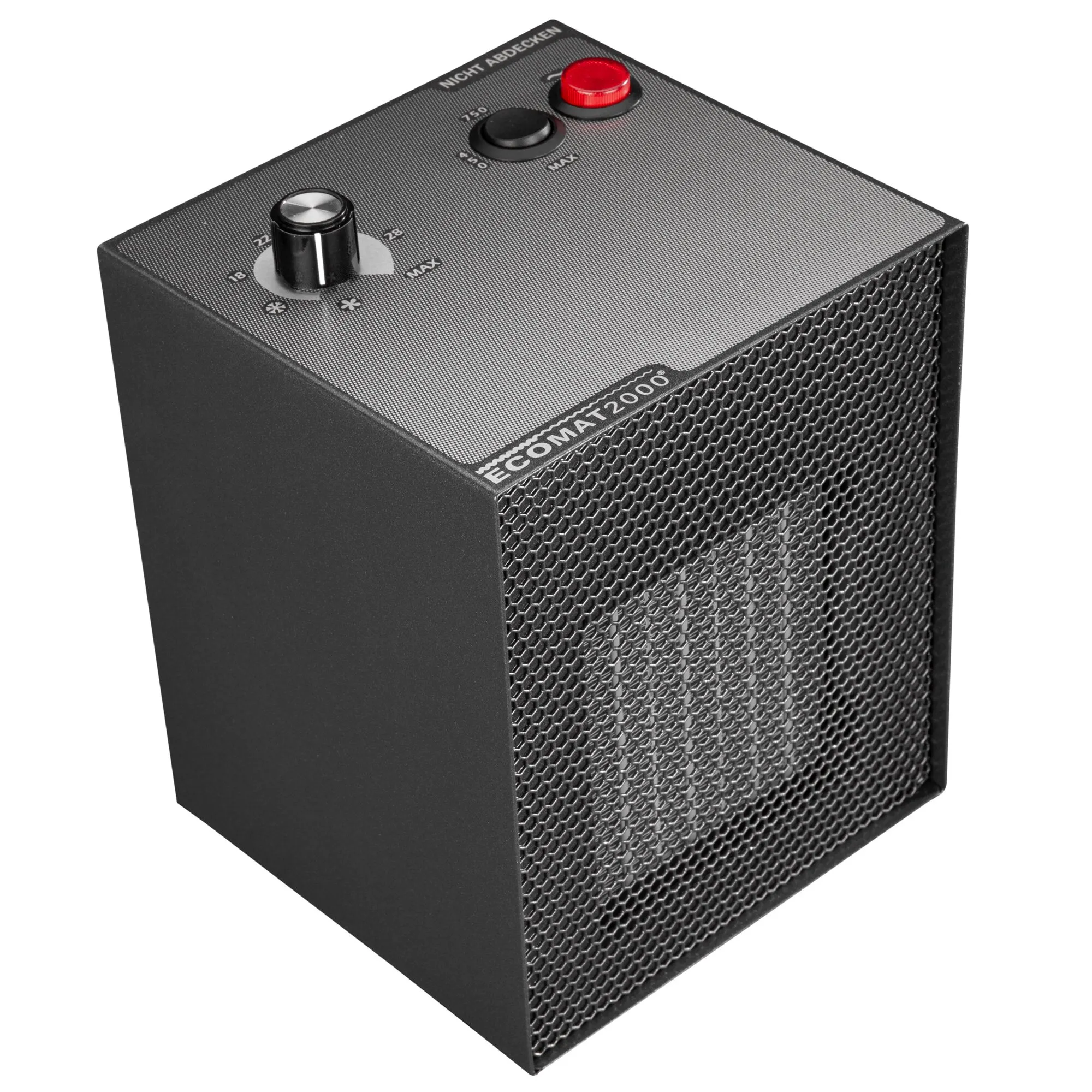 Schwarzer, würfelförmiger Heizlüfter Ecomat 2000 Classic mit Frontgitter, Temperaturregler und zwei Leistungsschaltern