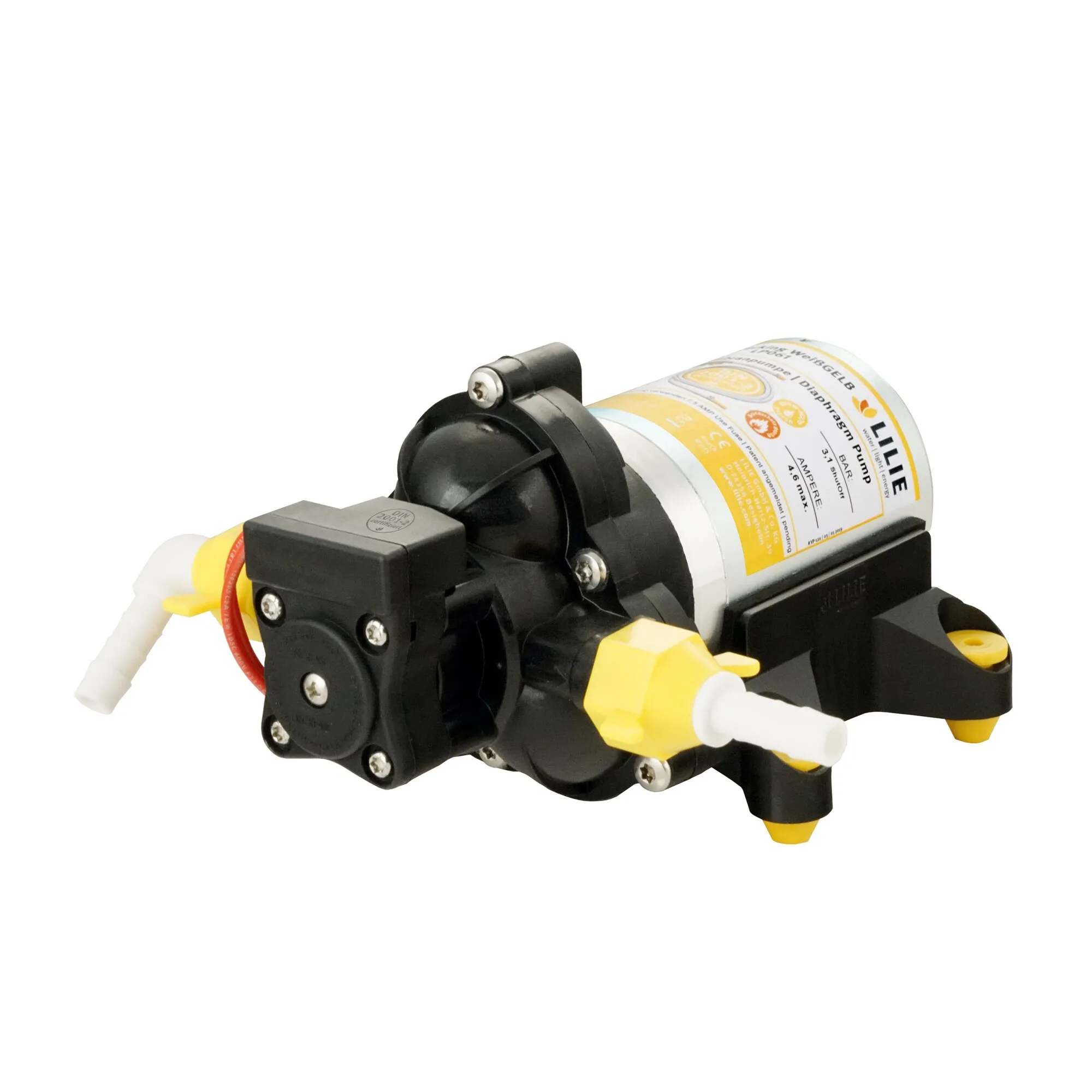 Schwarze und gelbe Membranpumpe der CLASSICSERIE™ für Trinkwassersysteme mit weißen Schlauchanschlüssen und zylindrischem Motor gezeigte Details