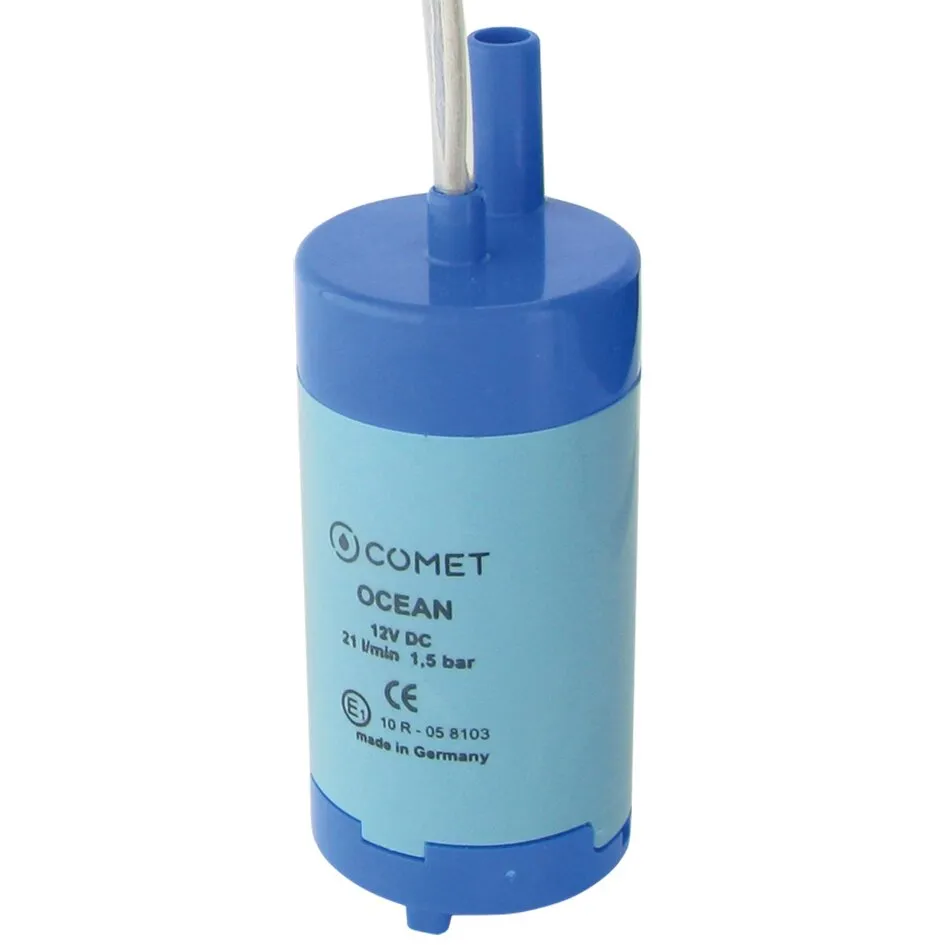Blaue zylindrische COMET Ocean Tauchpumpe mit Anschlussrohr und Kabel, Aufdruck 12 V DC, 21 l/min und 1,5 bar