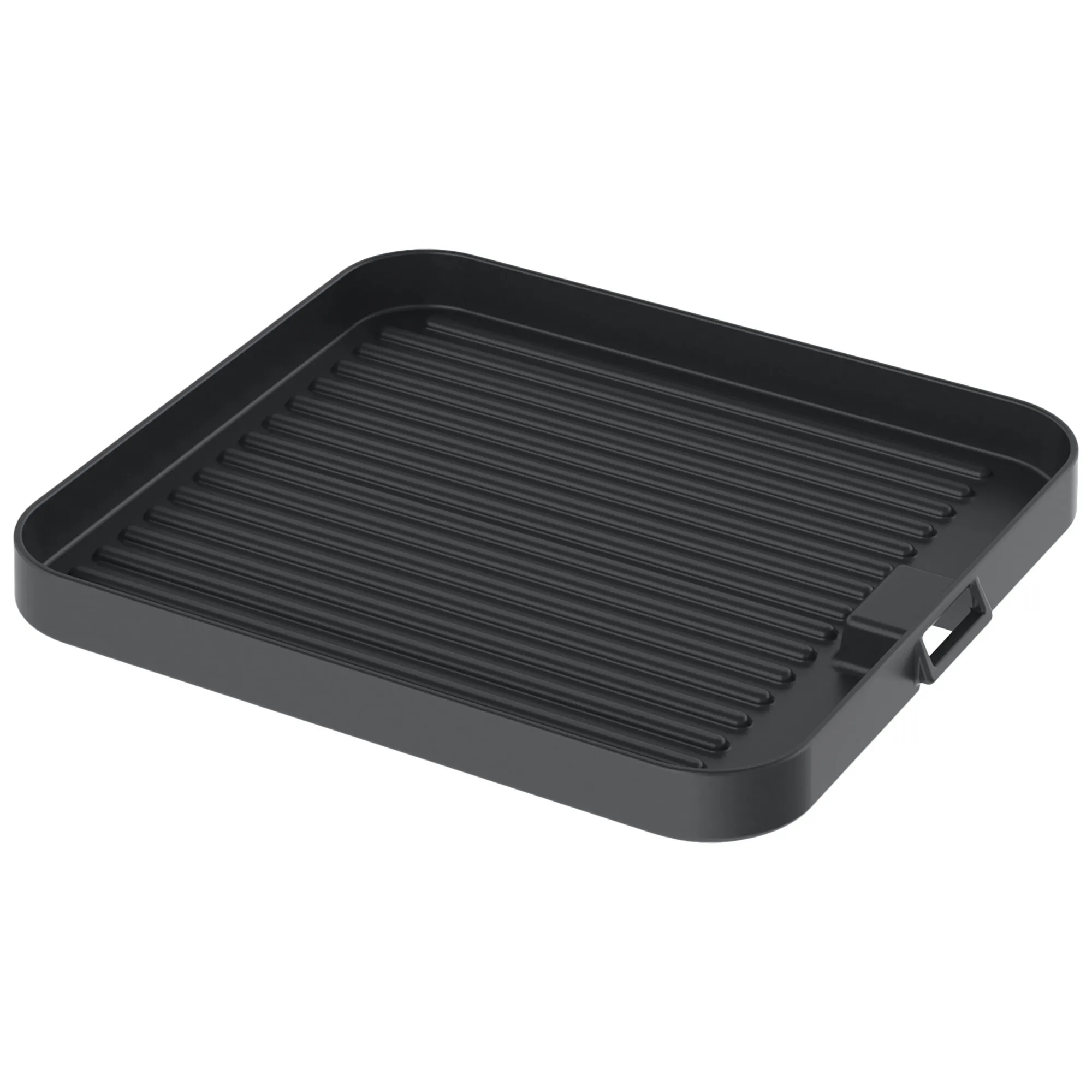 Schwarze rechteckige Universal-Grillplatte mit geriffelter Grillfläche, hohem Rand und seitlichem Tragegriff