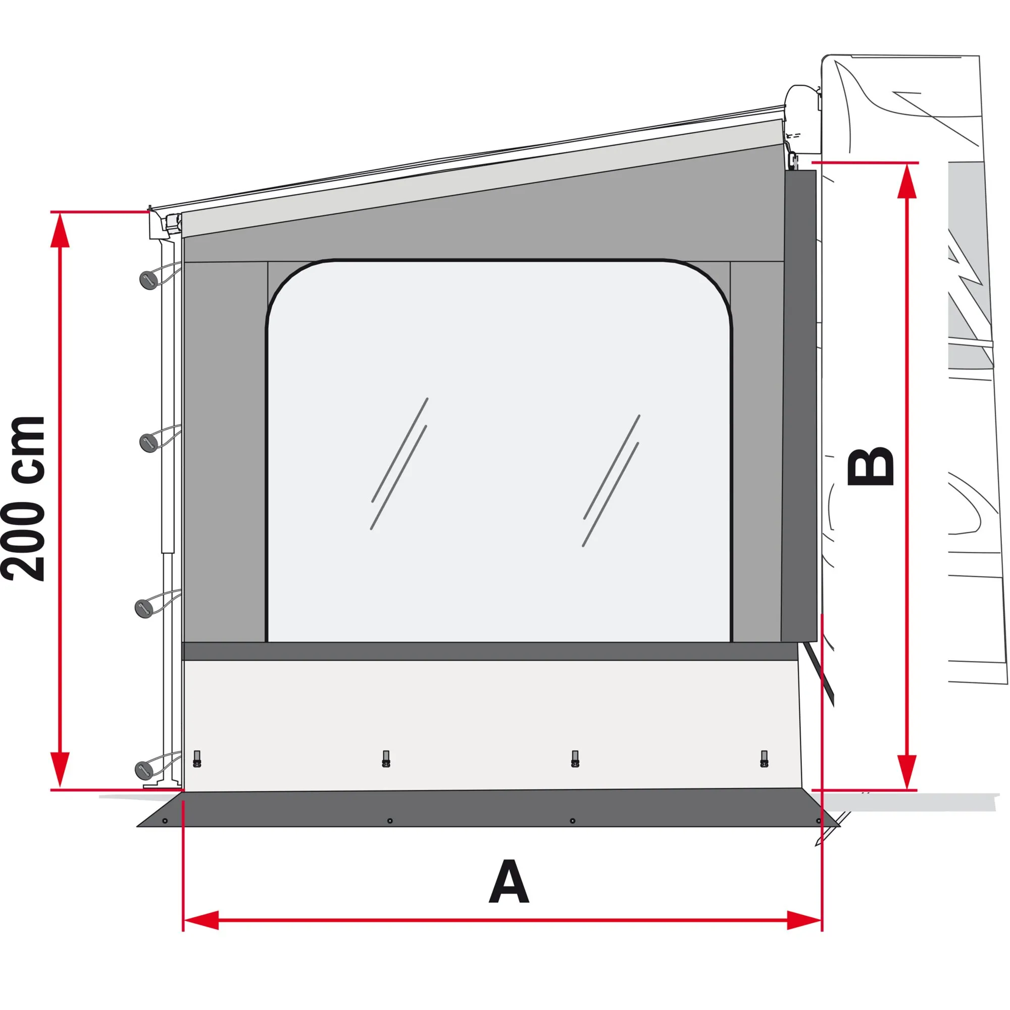 Technische Zeichnung der Seitenwand Side W Pro F35 Van mit Fenster, Spannhaken und Maßangabe 200 cm sowie Breite A und Höhe B