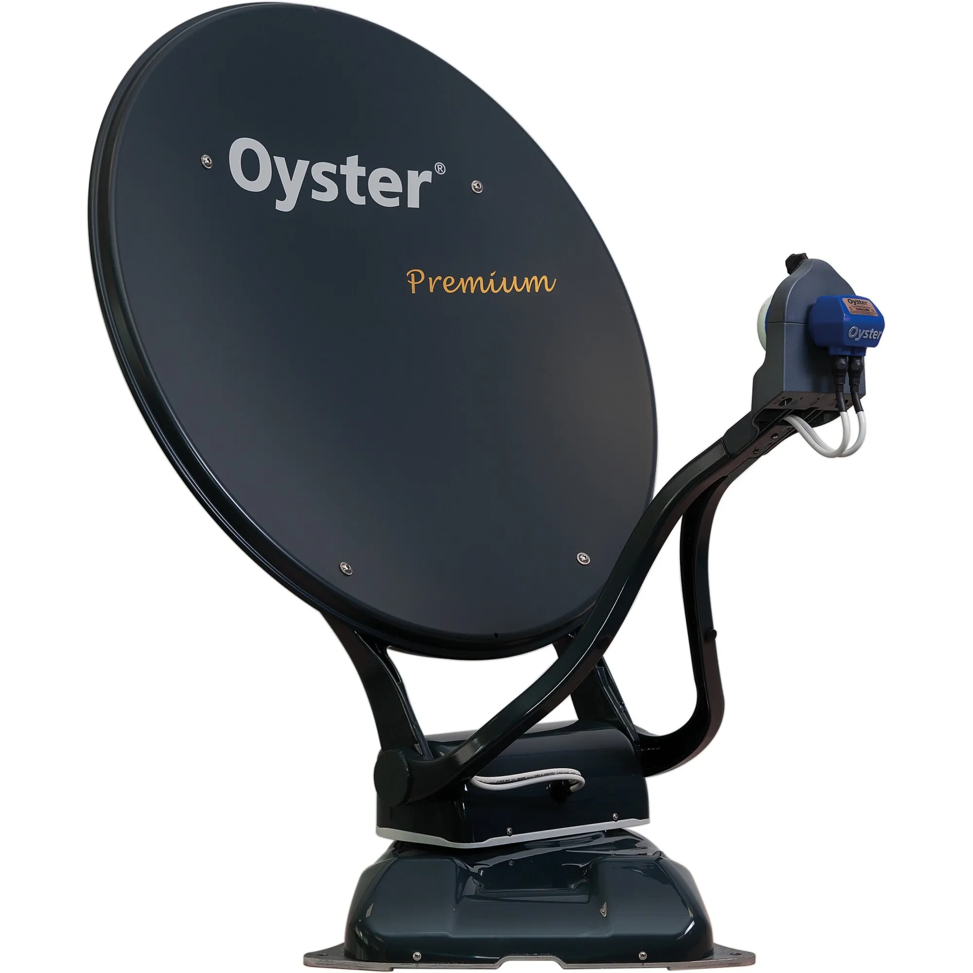 Dunkelblaue Oyster 70 Base Twin Satellitenanlage mit ovalem Parabolspiegel, LNB und motorisierter Halterung