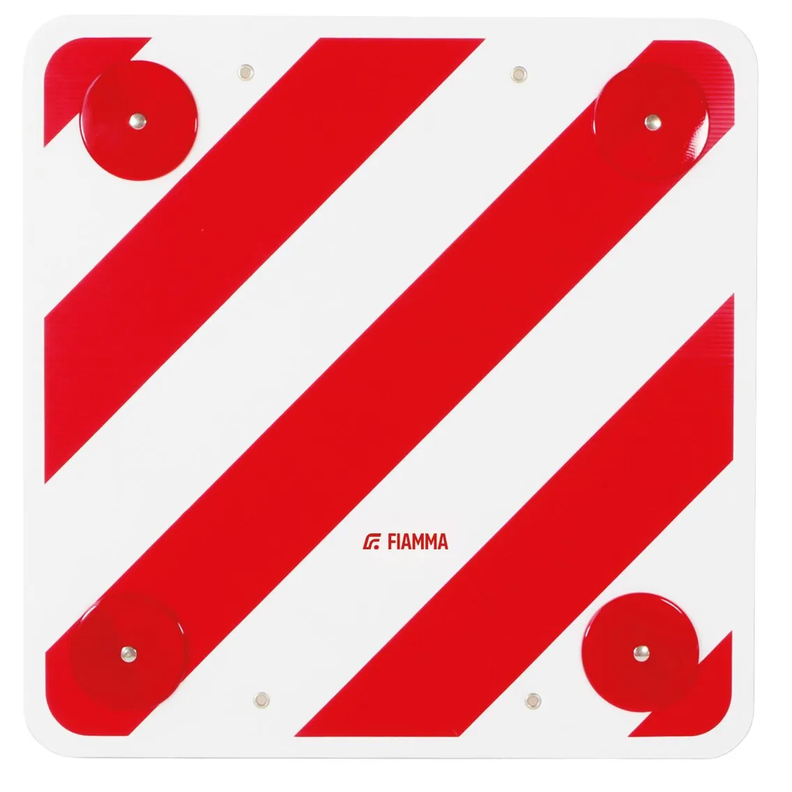 Weiße rechteckige Warntafel mit abgerundeten Ecken, roten diagonalen Streifen, vier roten Halterungen und Fiamma-Logo