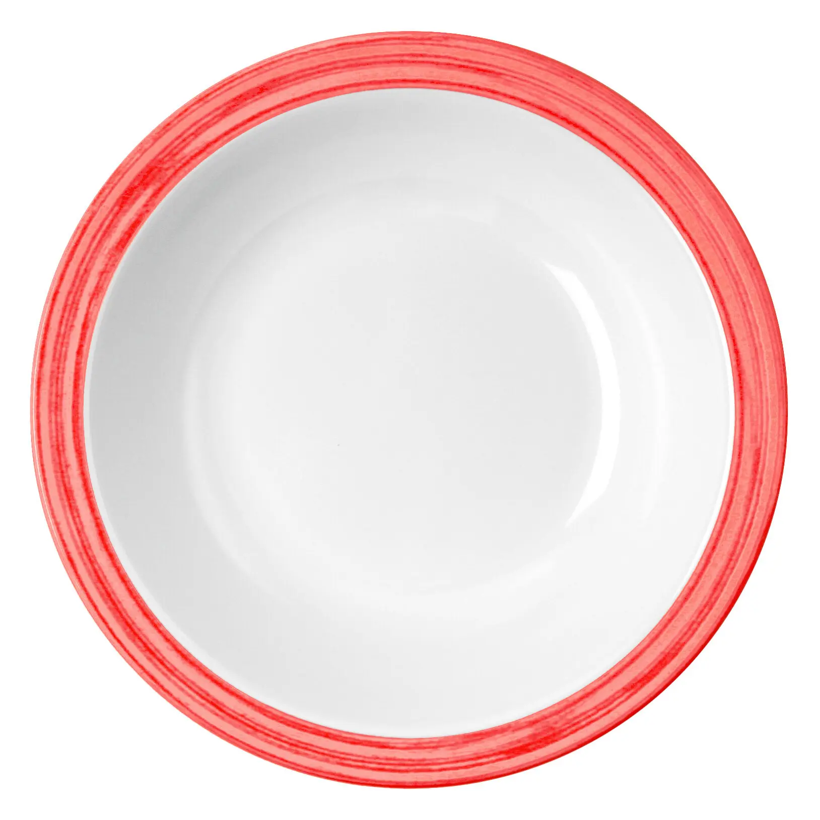 Runder Suppenteller mit weißem Innenbereich und rotem Randdesign aus der Family Bistro Serie, Nahaufnahme der mehrlagigen Randstreifen