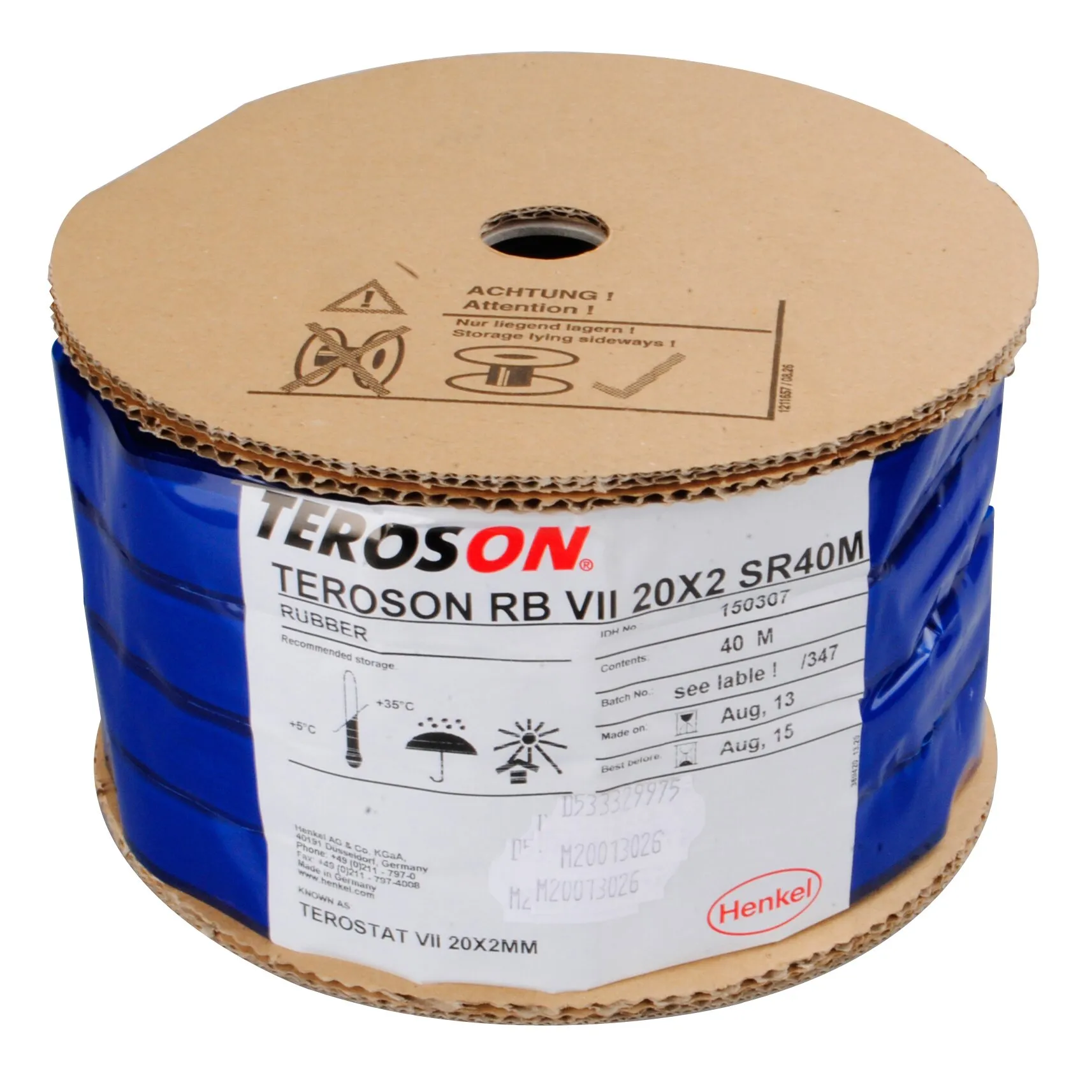 Blaue Rolle Dichtband TEROSON RB VII von Henkel mit 40 m Inhalt und 20 x 2 mm, auf Kartonspule gelagert