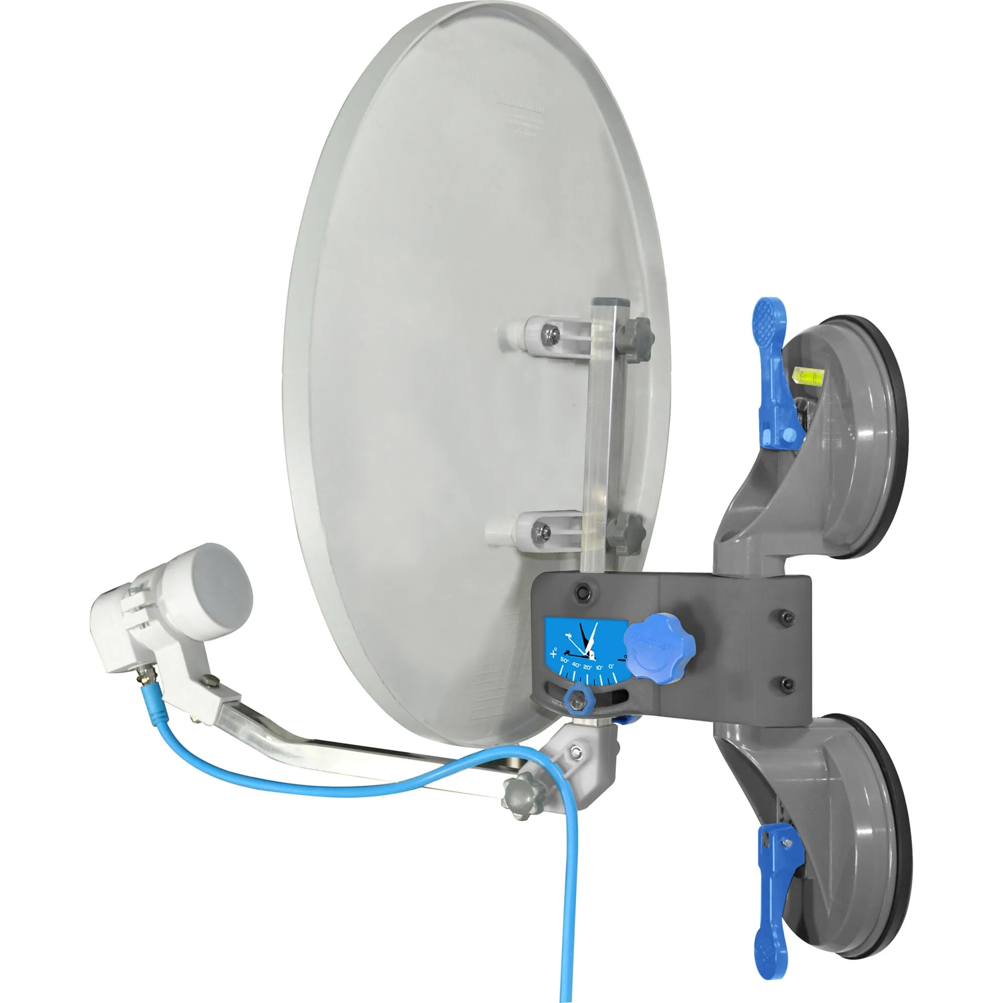 Weiße Sat-Anlage Remora 40 mit ovaler Parabolantenne, LNB, blauem Koaxialkabel und Saugnapfhalterungen屿